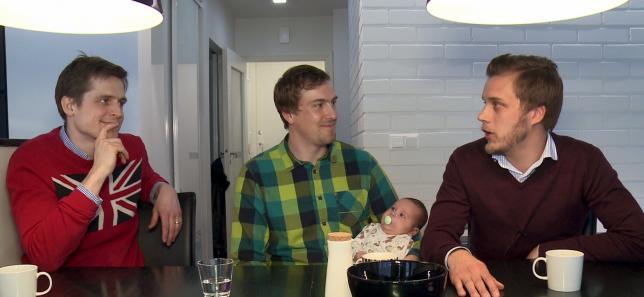  The founders of Finnish Baby Box Anton Danielsen, Heikki Tiittanen and Anssi Okkonen (L-R) talk in this still image taken from video in Espoo April 29, 2015. REUTERS/ATTILA CSER 