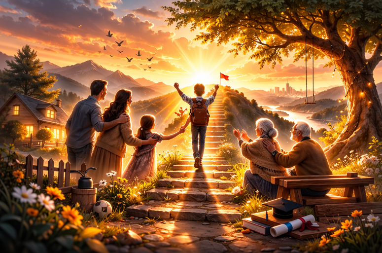 boy ascending stairs supported by family