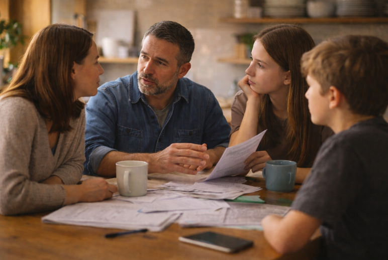 family around table looking at papers