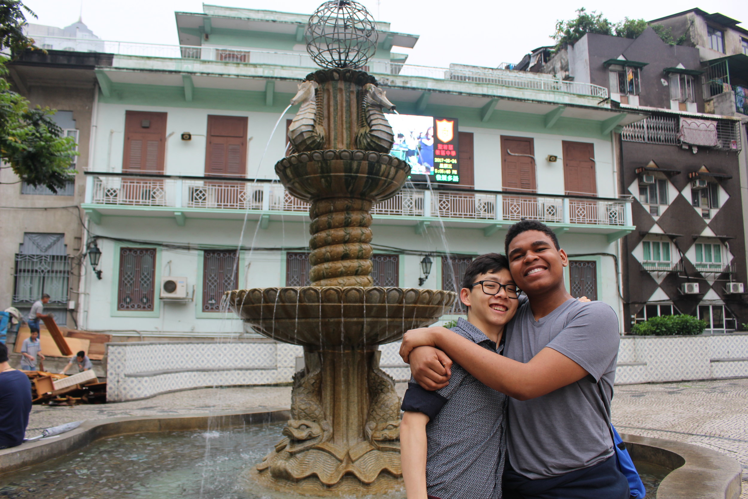  Tyler ('20) and Dustin ('19) sharing a moment in a Macau square 