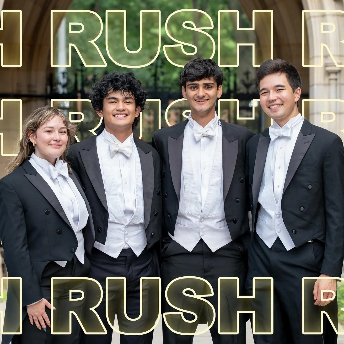 MEET YOUR RUSH MANAGERS! From right to left, your guides will be @ryannschaffer, @lylemondano, @jehan_laurens, and @stell.min. If you see any of these dashing faces around campus, feel free to say hi or ask any question at all. You can also email the