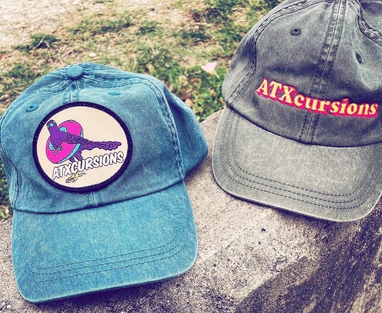 Illustration and lettering on embroidered hats