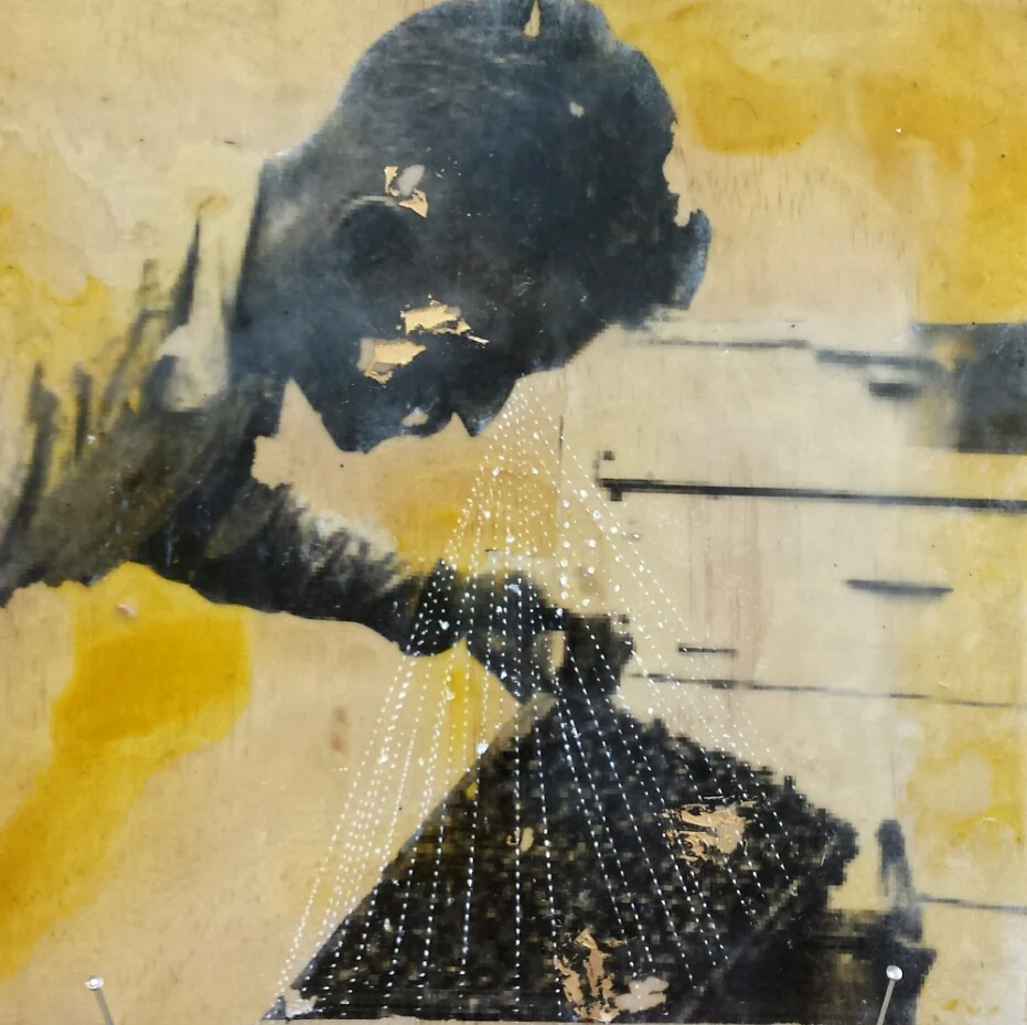 My Heart Breathes Bees Bee pollen tempera, oil, encaustic wax, image transfer on plywood.