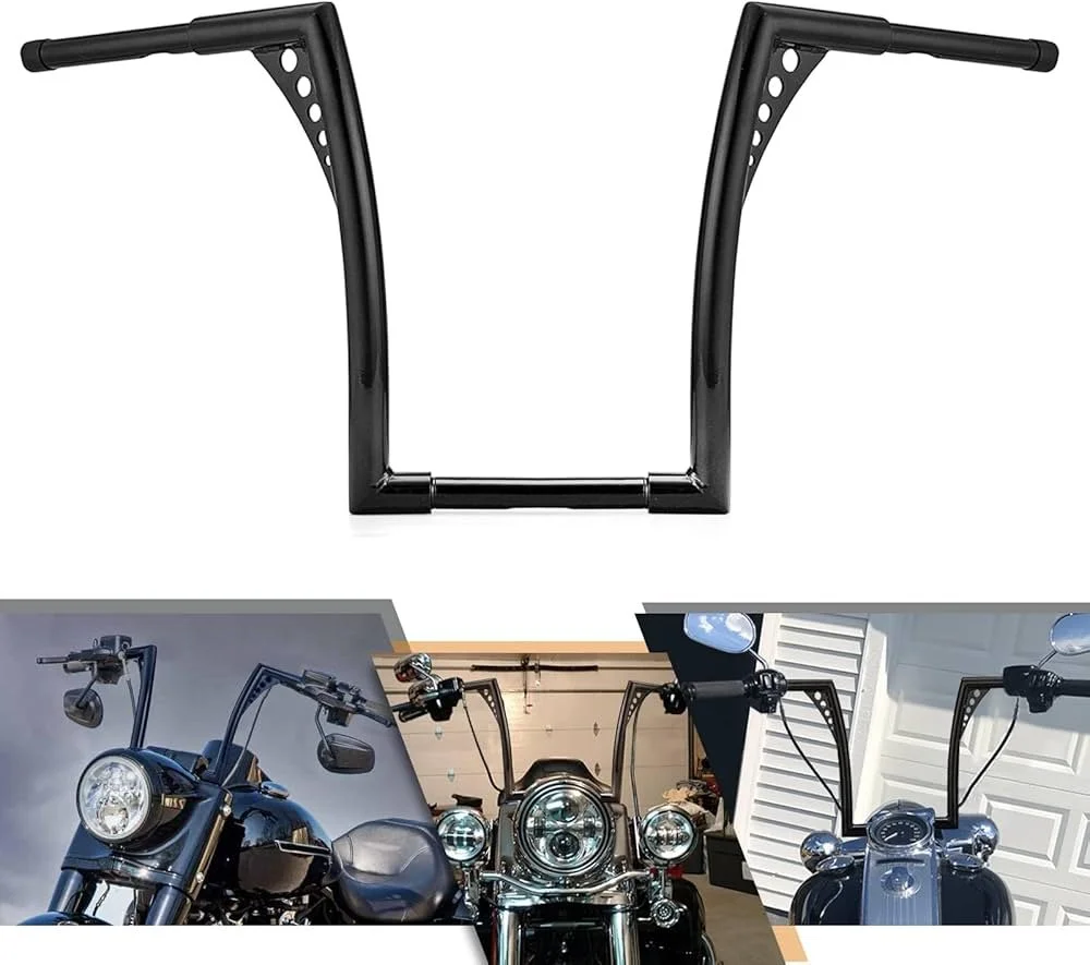 Black custom ape hanger handlebars with cutout design shown on multiple Harley motorcycles from different angles.