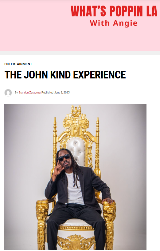 What's poppin LA with Angie entertainment the john kind experience brandon  zaragoza john kind sitting down on a gold throne wearing black shades and a black suit