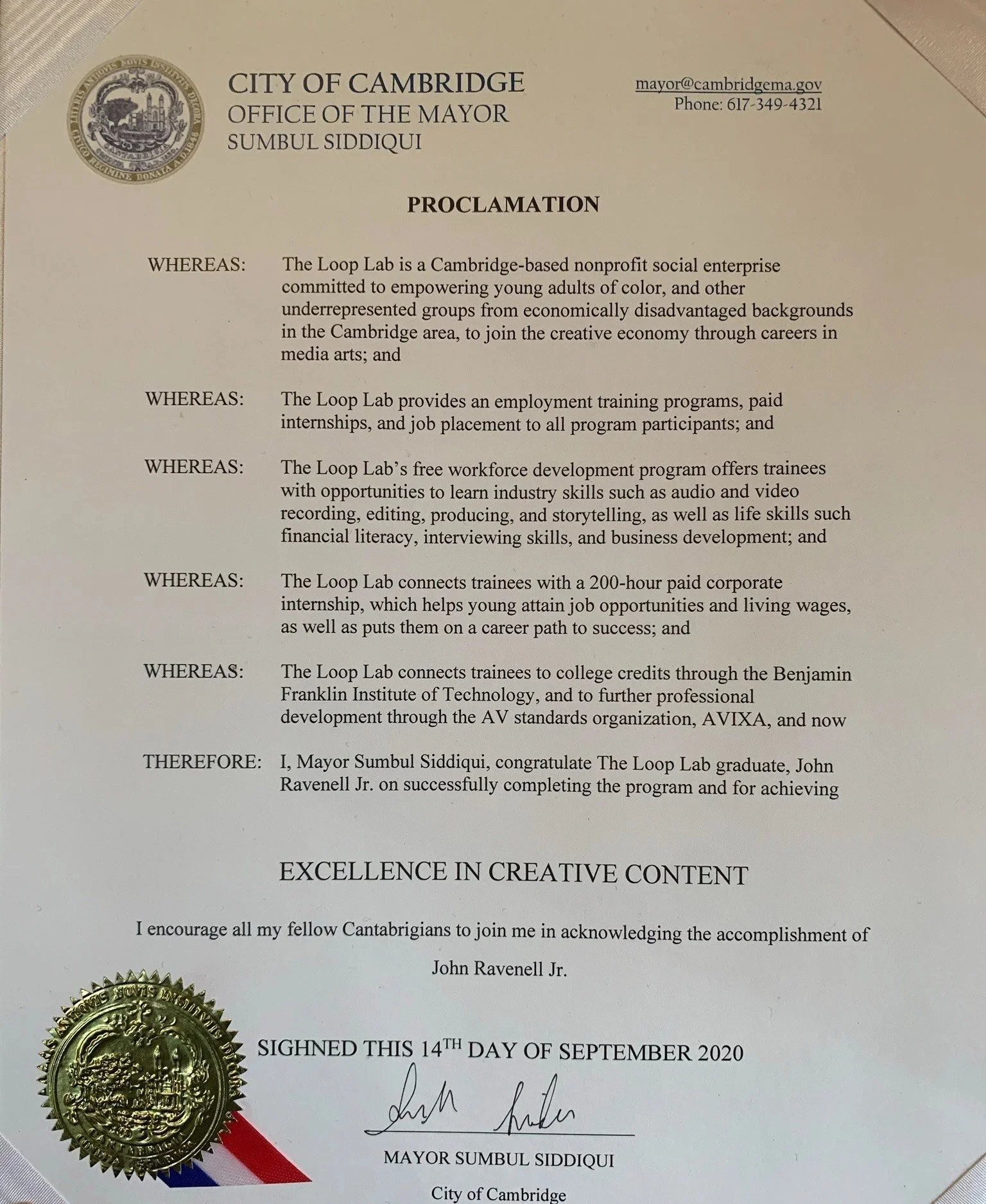 Proclamation City of cambridge office of the mayor sumbul siddiqui excellence in creative content