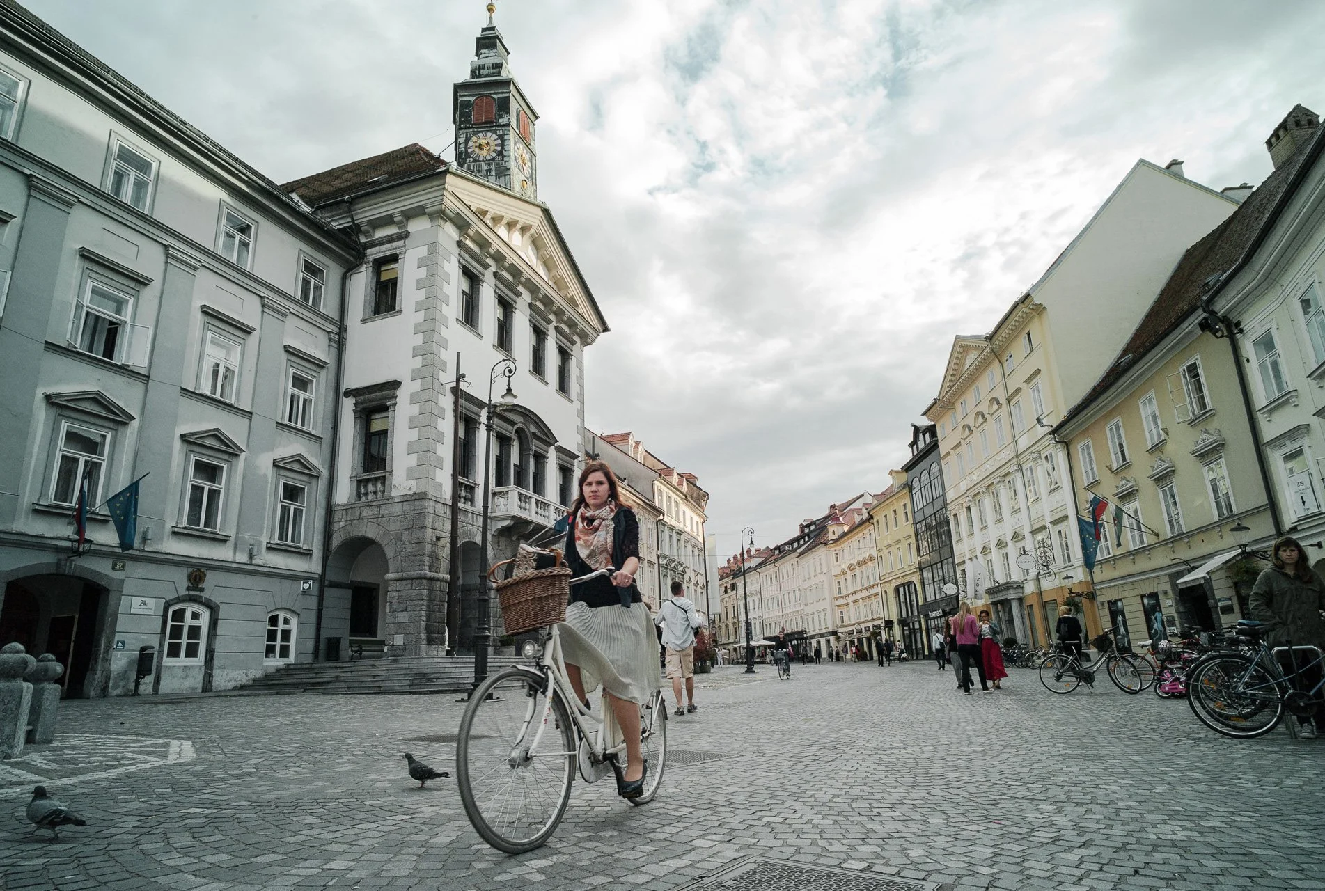 Classic European cobblestoned streets and Vienna Secession architecture pave the town center of Ljubljana.