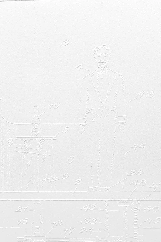 «Phantom Print» (2013) Embossing on paper (Somerset Satin 300 gsm paper.) Paper size: 90 x 60 cm. Frame size: 104 x 74 x 4 cm.