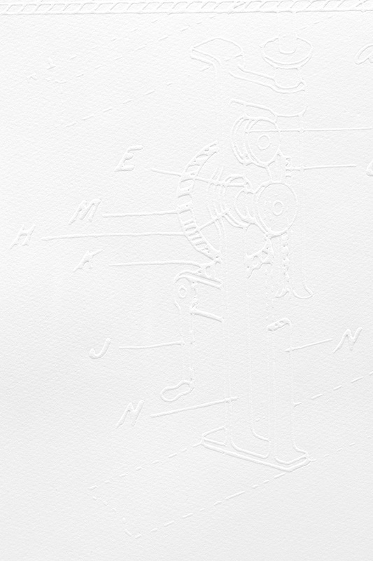 «Phantom Print» (2013) Embossing on paper (Somerset Satin 300 gsm paper.) Paper size: 90 x 60 cm. Frame size: 104 x 74 x 4 cm.