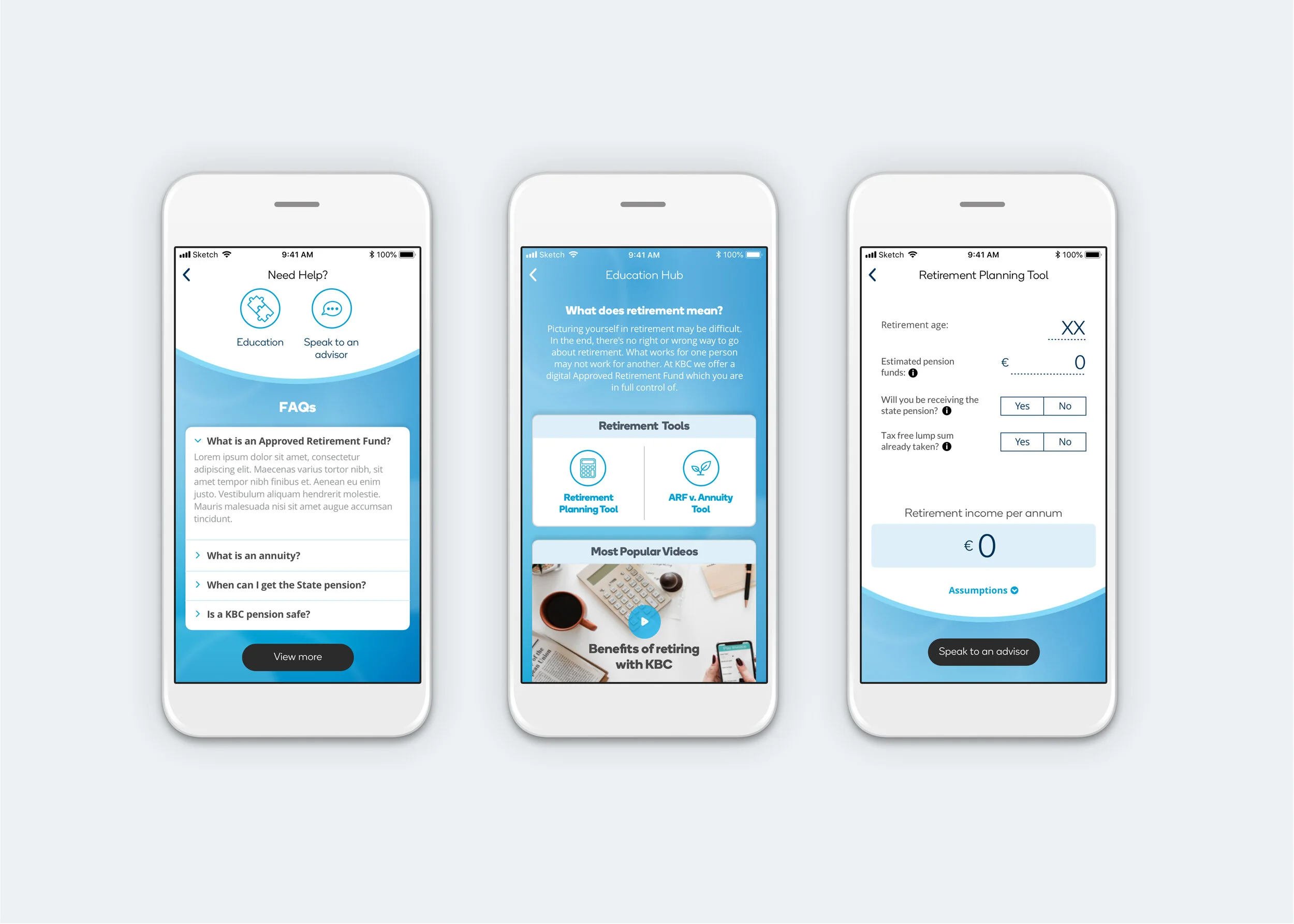Help screen with Education Hub and Retirement Planning Tool