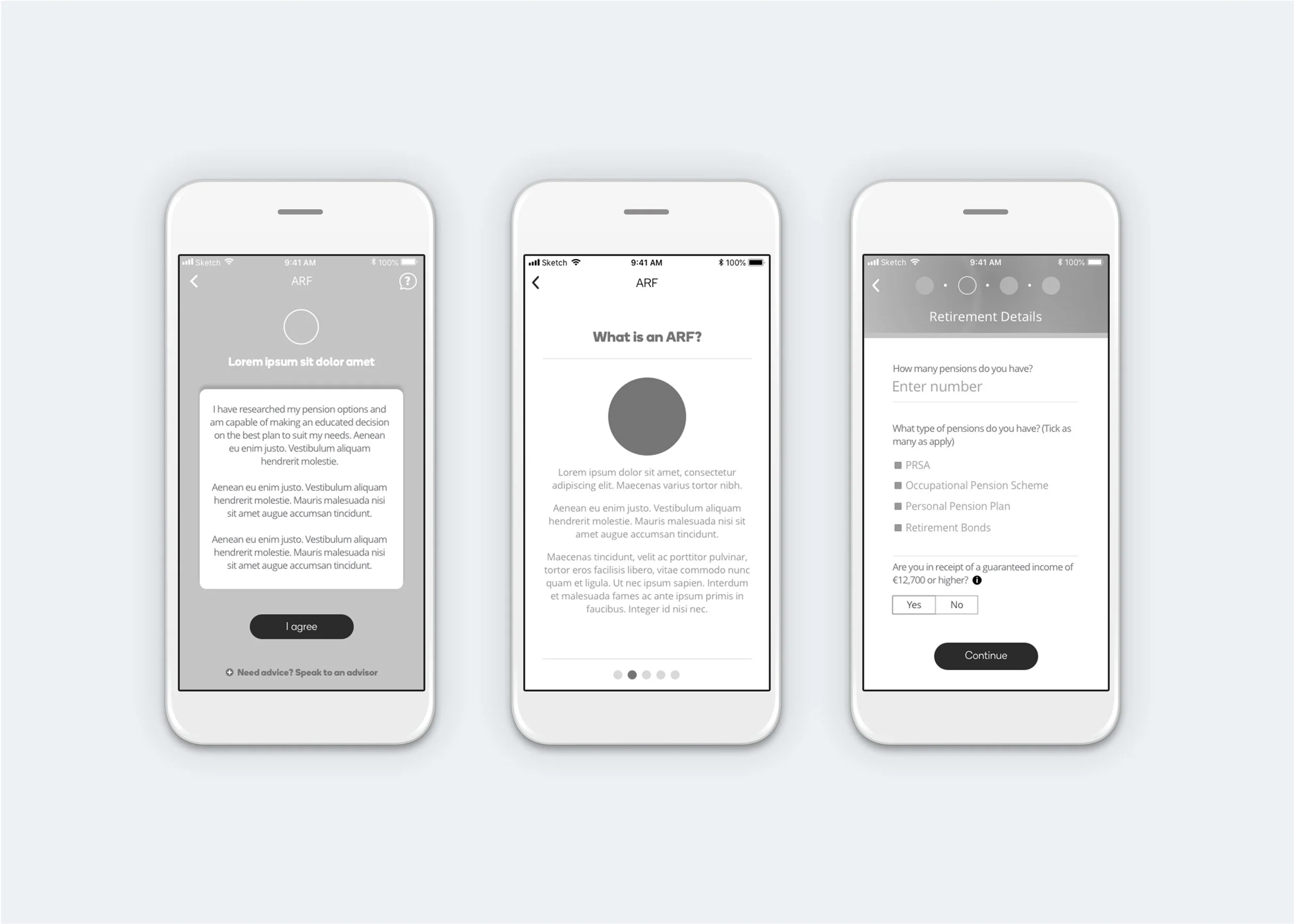 Hi-fidelity wireframes of the different solutions designed for Legal concerns - upfront consent, learning module, and screening questions.