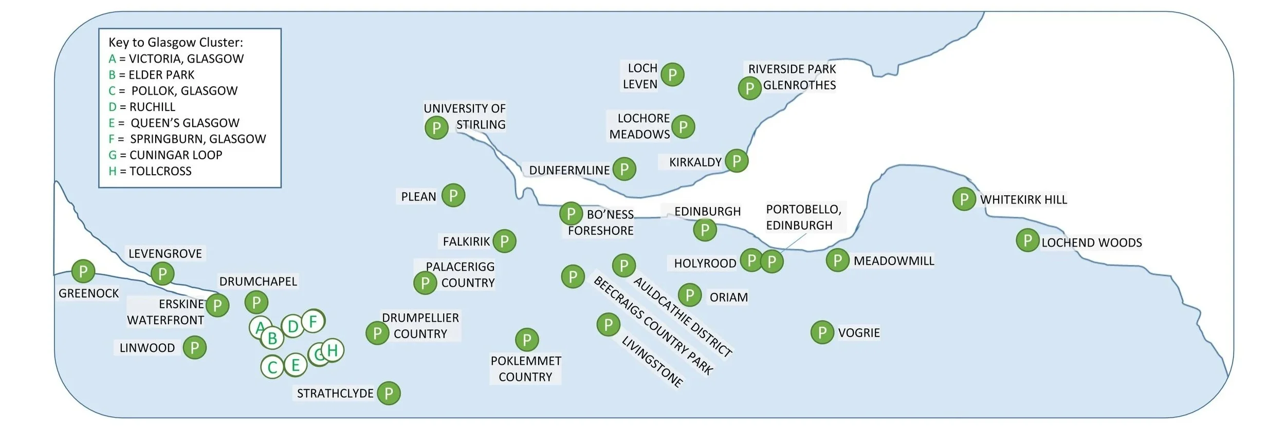 A map of all parkrun events in the Central Belt ofScotland