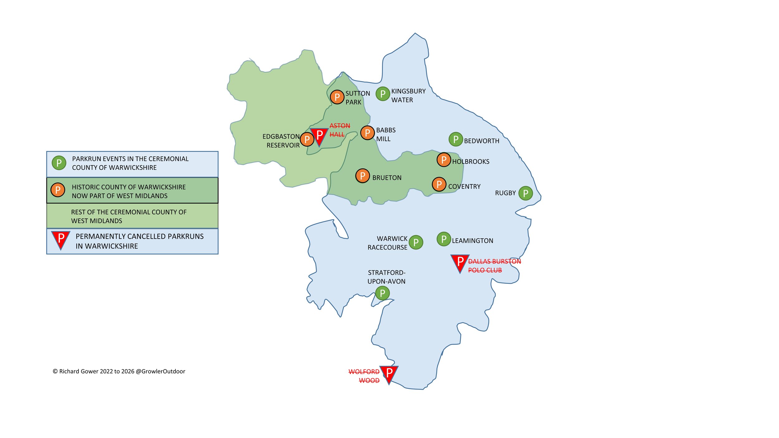 A map of all parkrun events in the county of Warwickshire