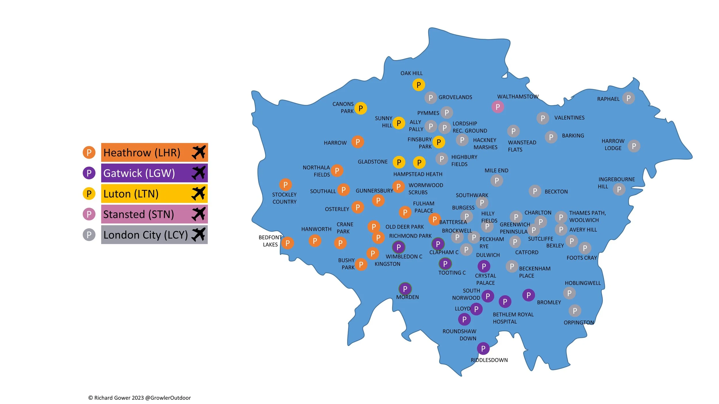 A map of Greater London indicating the nearest airport to each parkrun event
