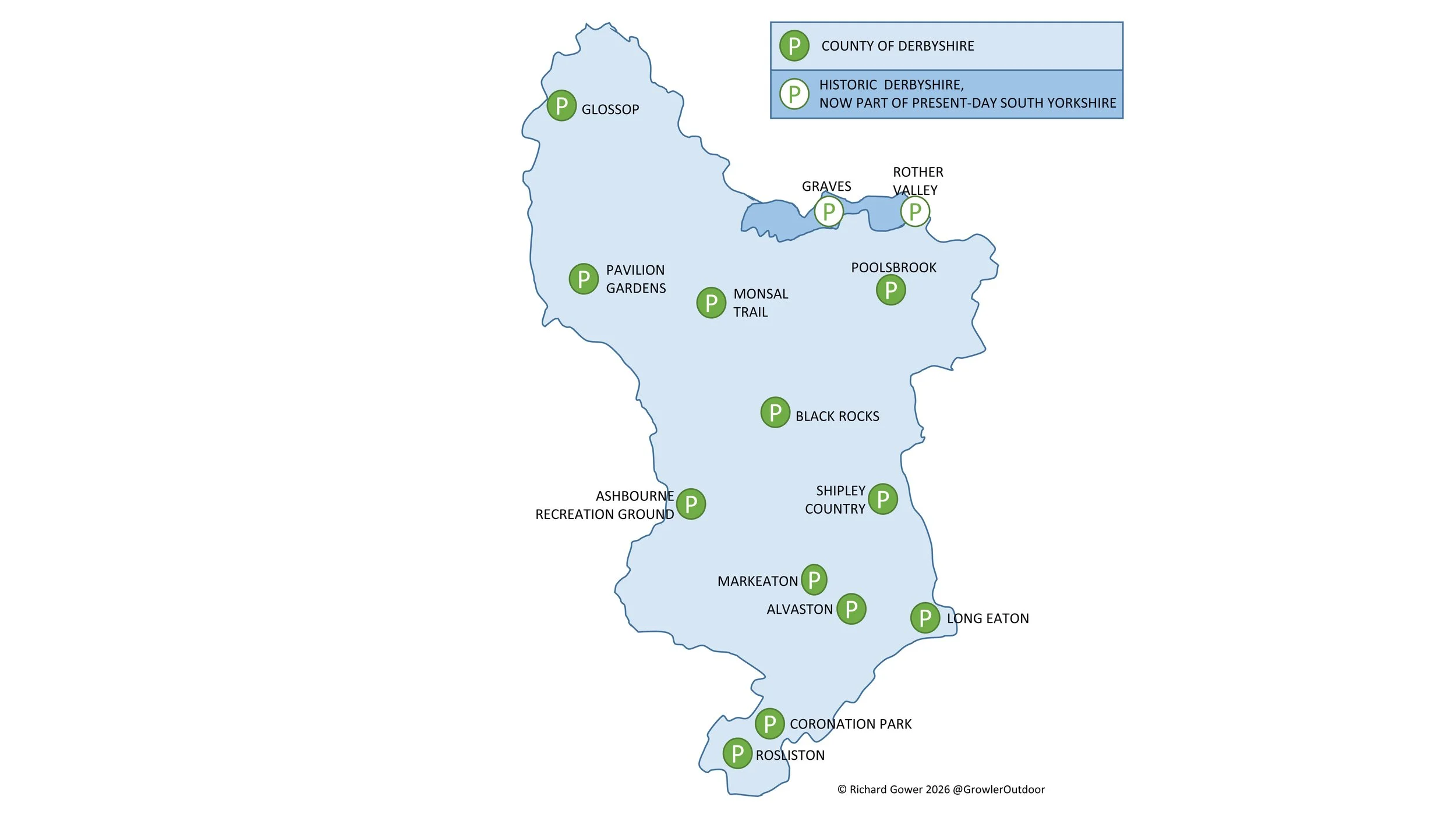 A map of all parkrun events in the county of Derbyshire