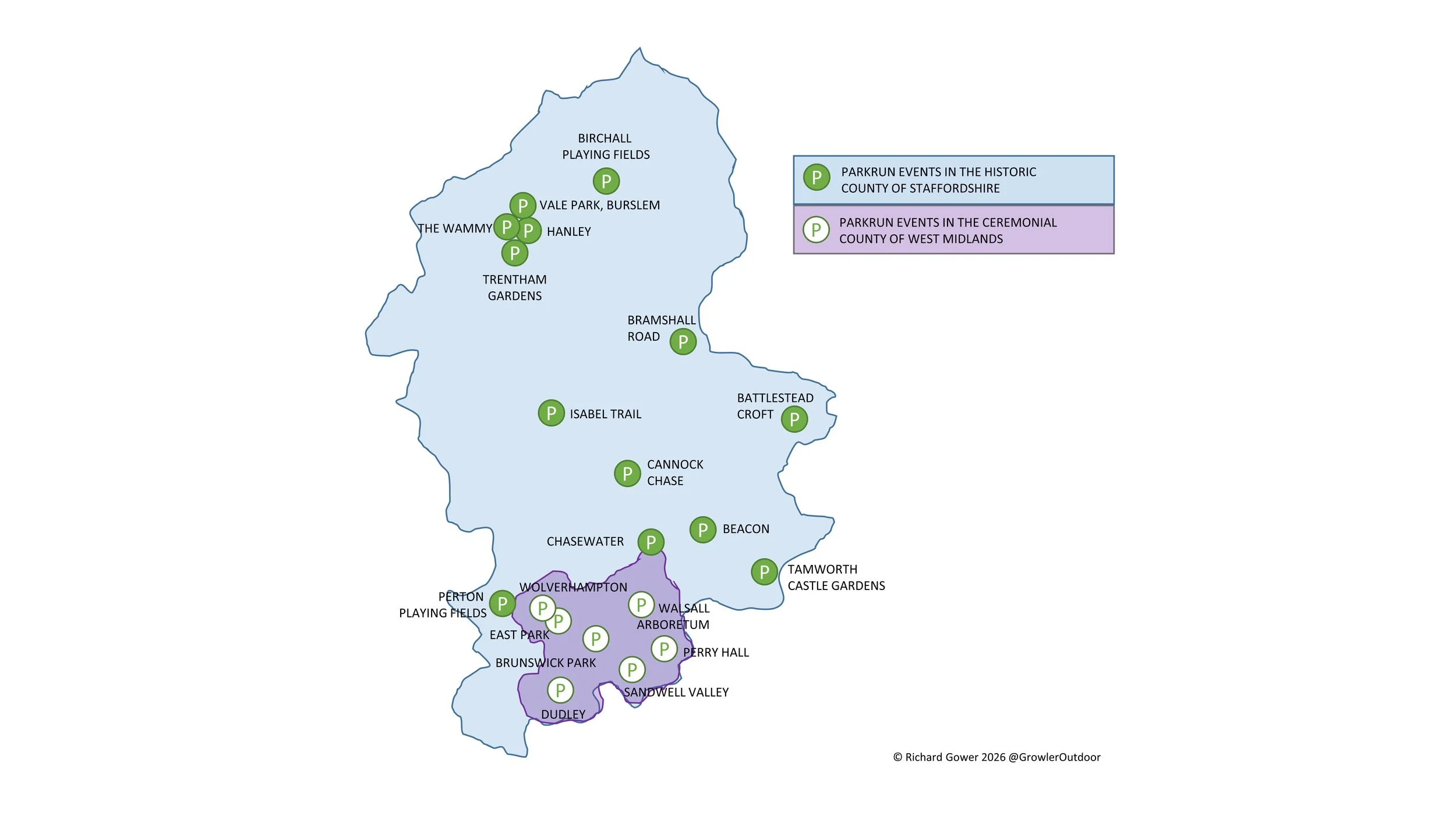 A map of all parkrun events in the county of Staffordshire