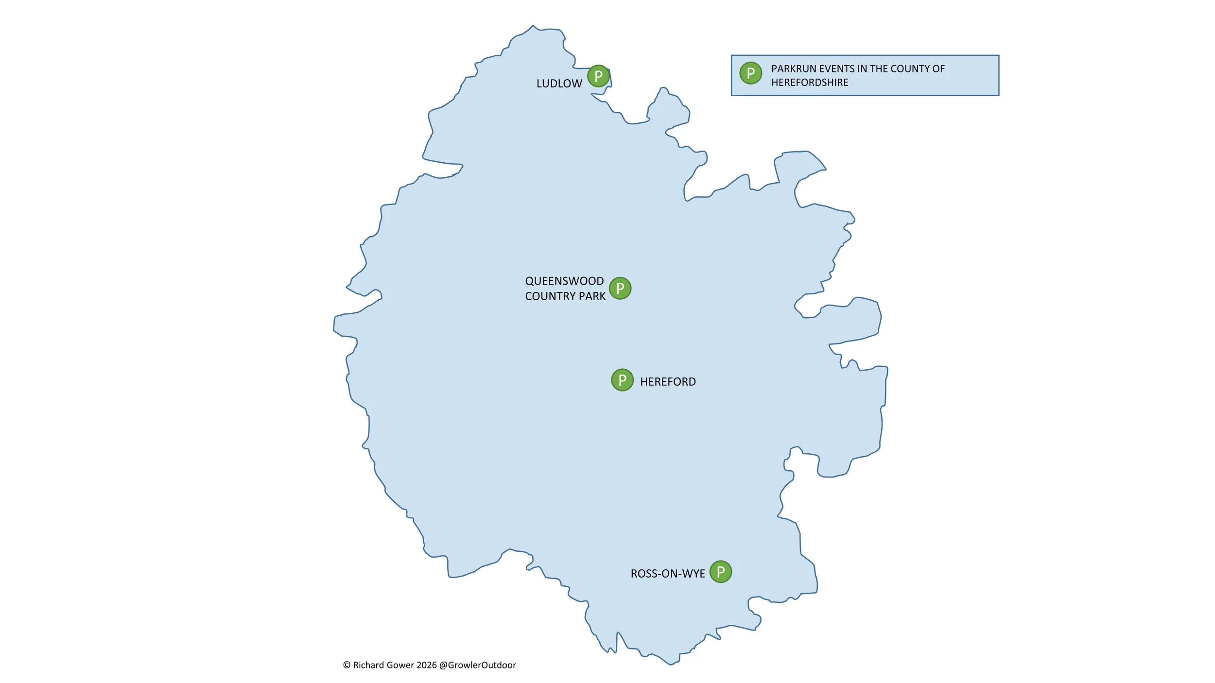 A map of all parkrun events in the county of Herefordshire