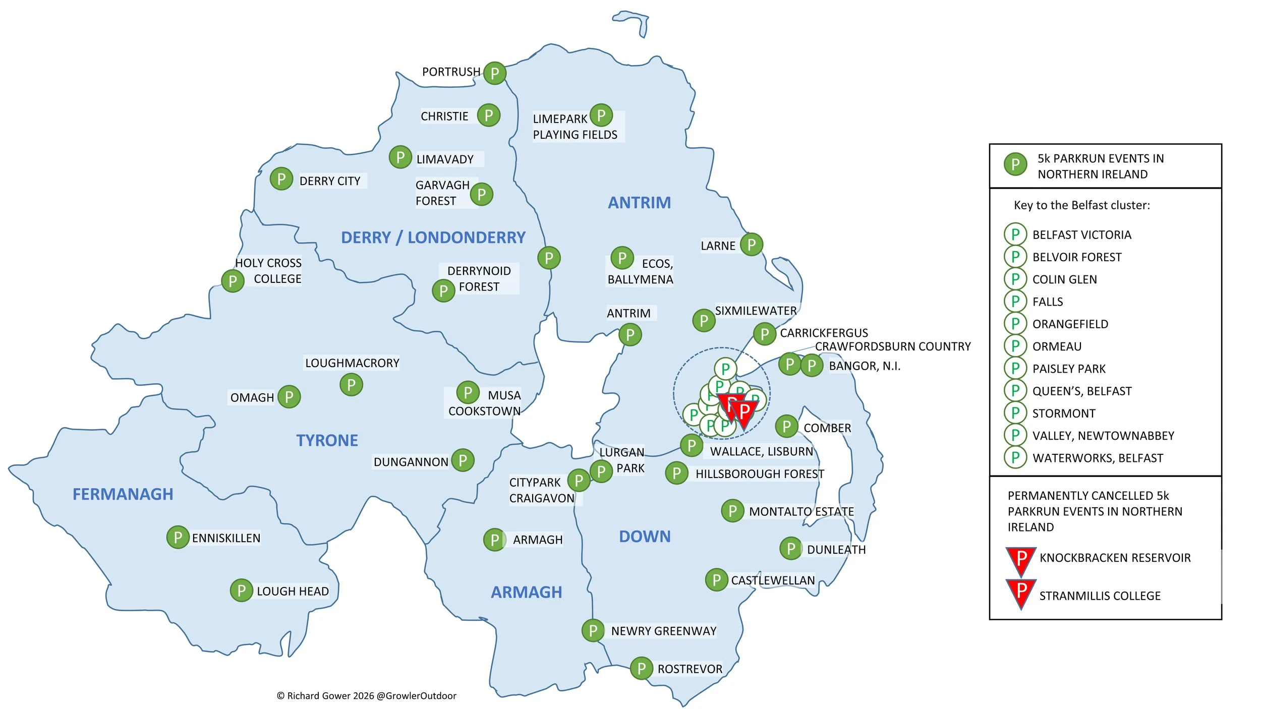A map of all of the parkrun events in Northern Ireland