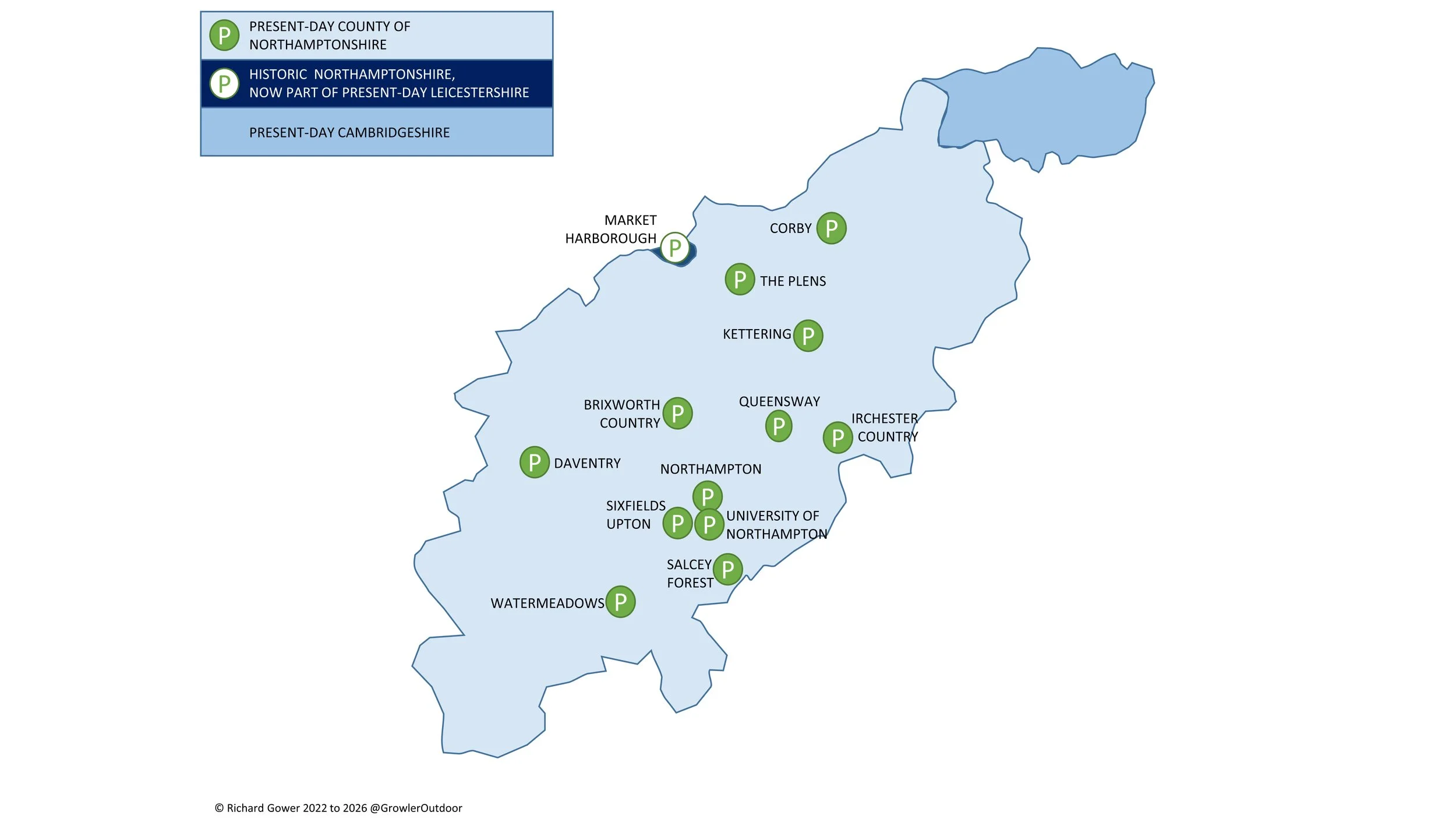 A map of all of the parkrun events in the county of Northamptonshire