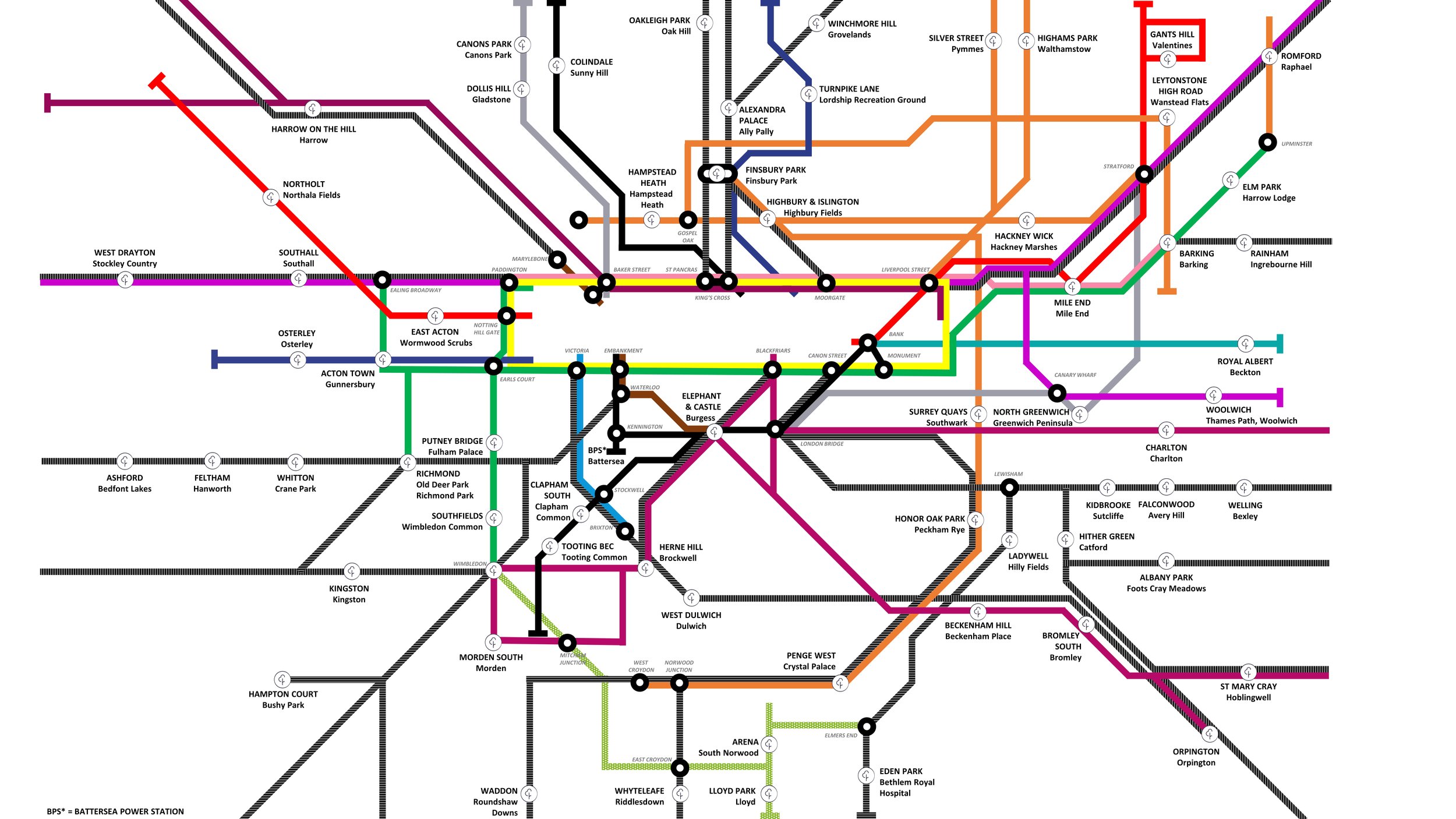 A London Underground style map showing the closest tube or train station to a Greater London parkrun event.
