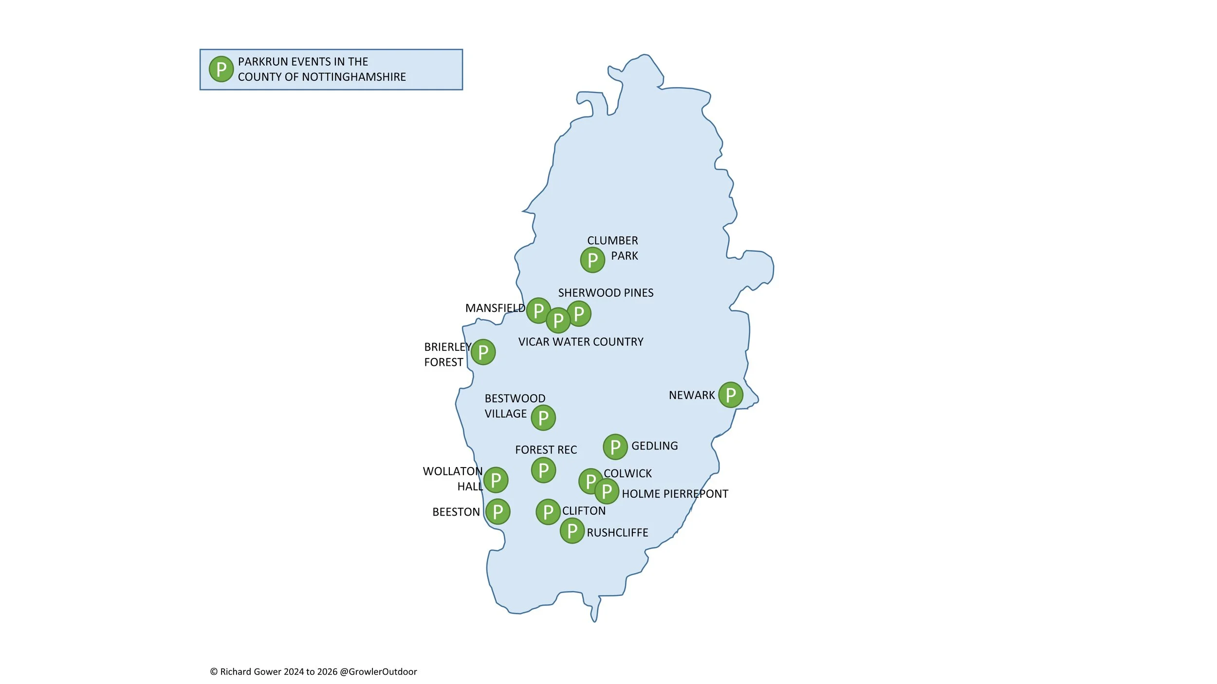 A map of the parkrun events in the county of Nottingham