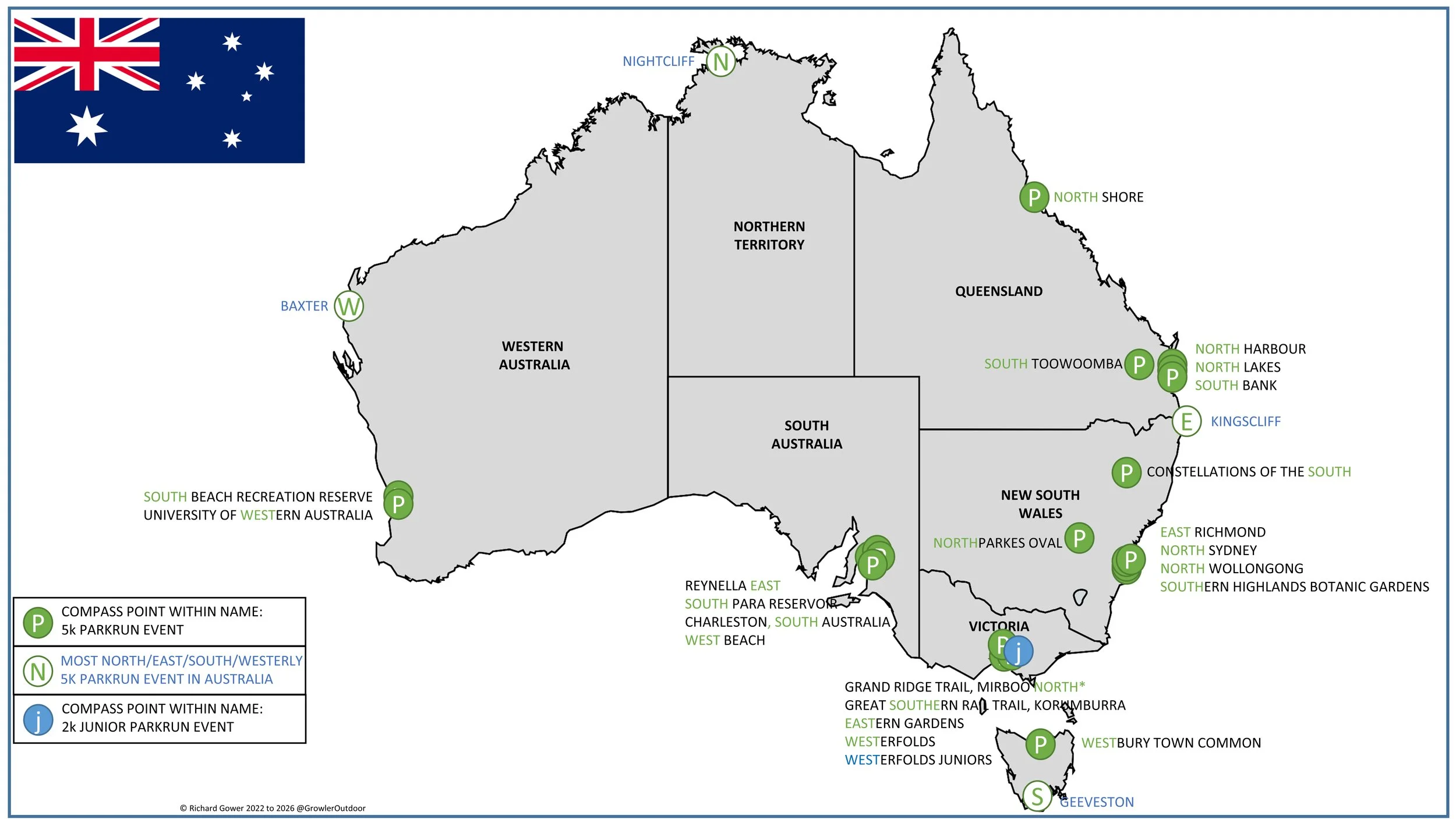 A map of the parkrun Compass Club locations in Australia