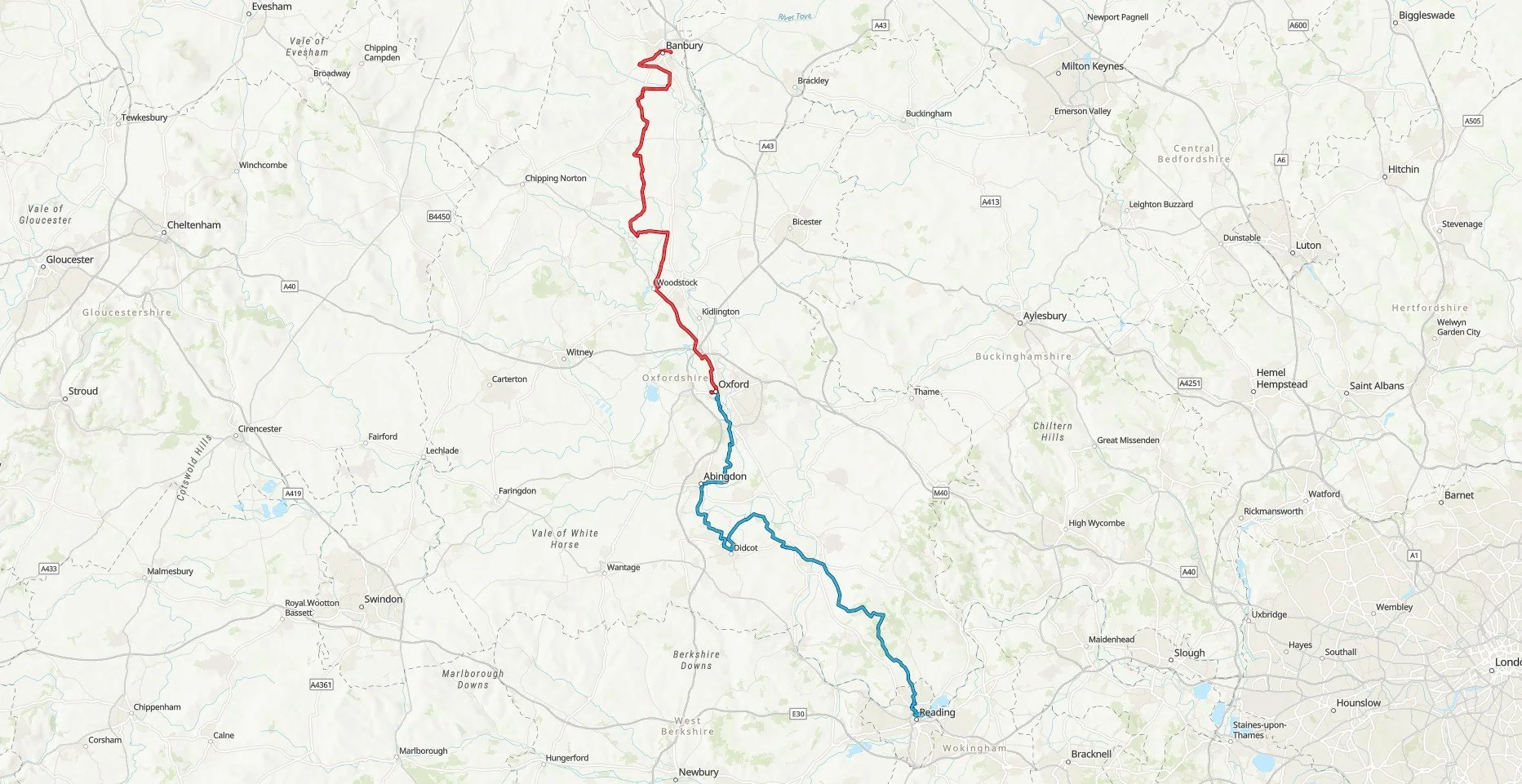 A map showing the 2 day cycle trip along the NCN 5 from Banbury to Oxford