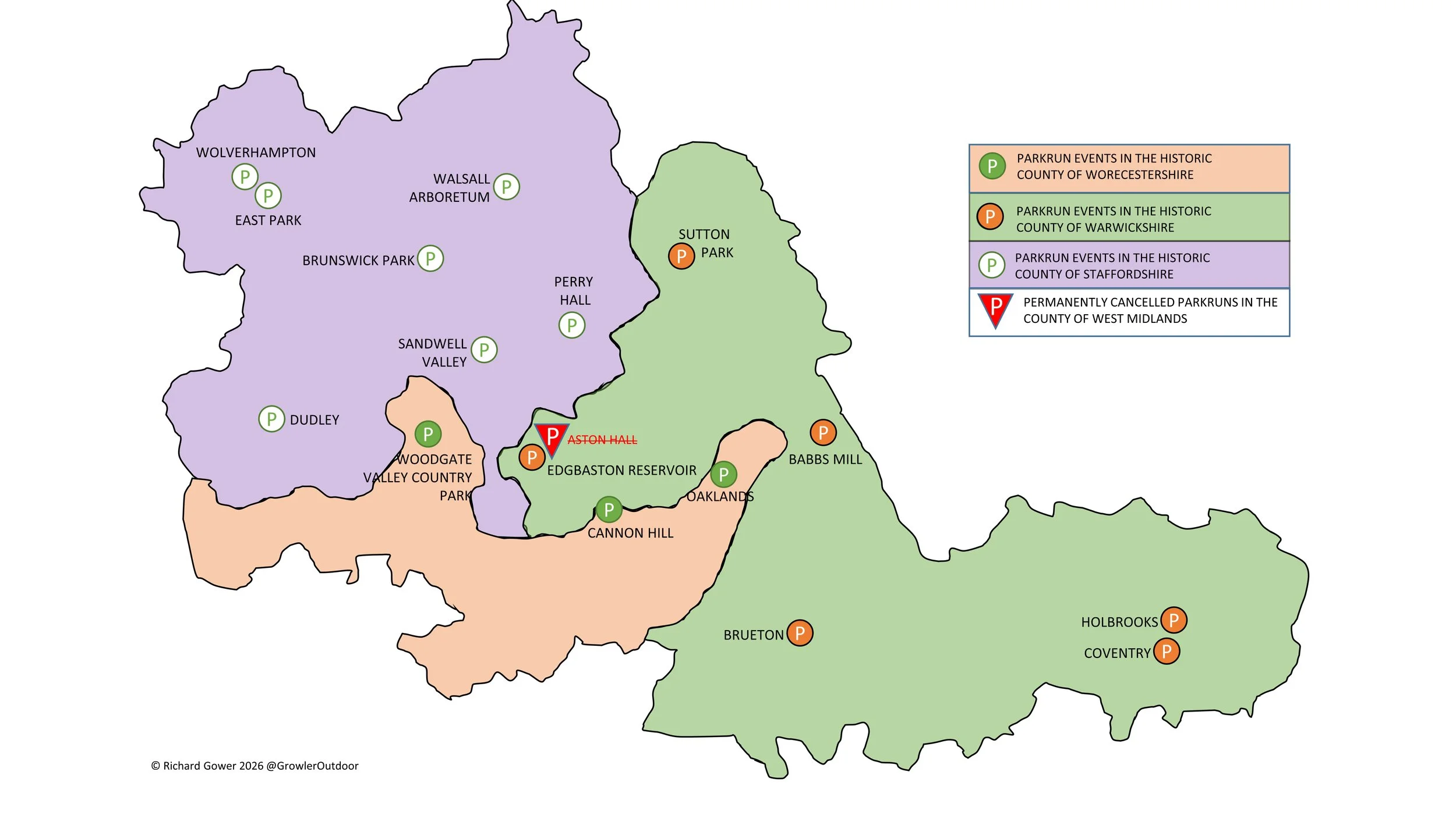 A map of all parkrun events in the ceremonial county of West Midlands