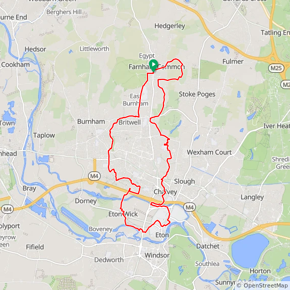 A circular cycle route map showing the path of the Salt Hill Stream and Chalvey Ditch, starting from Farnham Common and touching the River Thames.