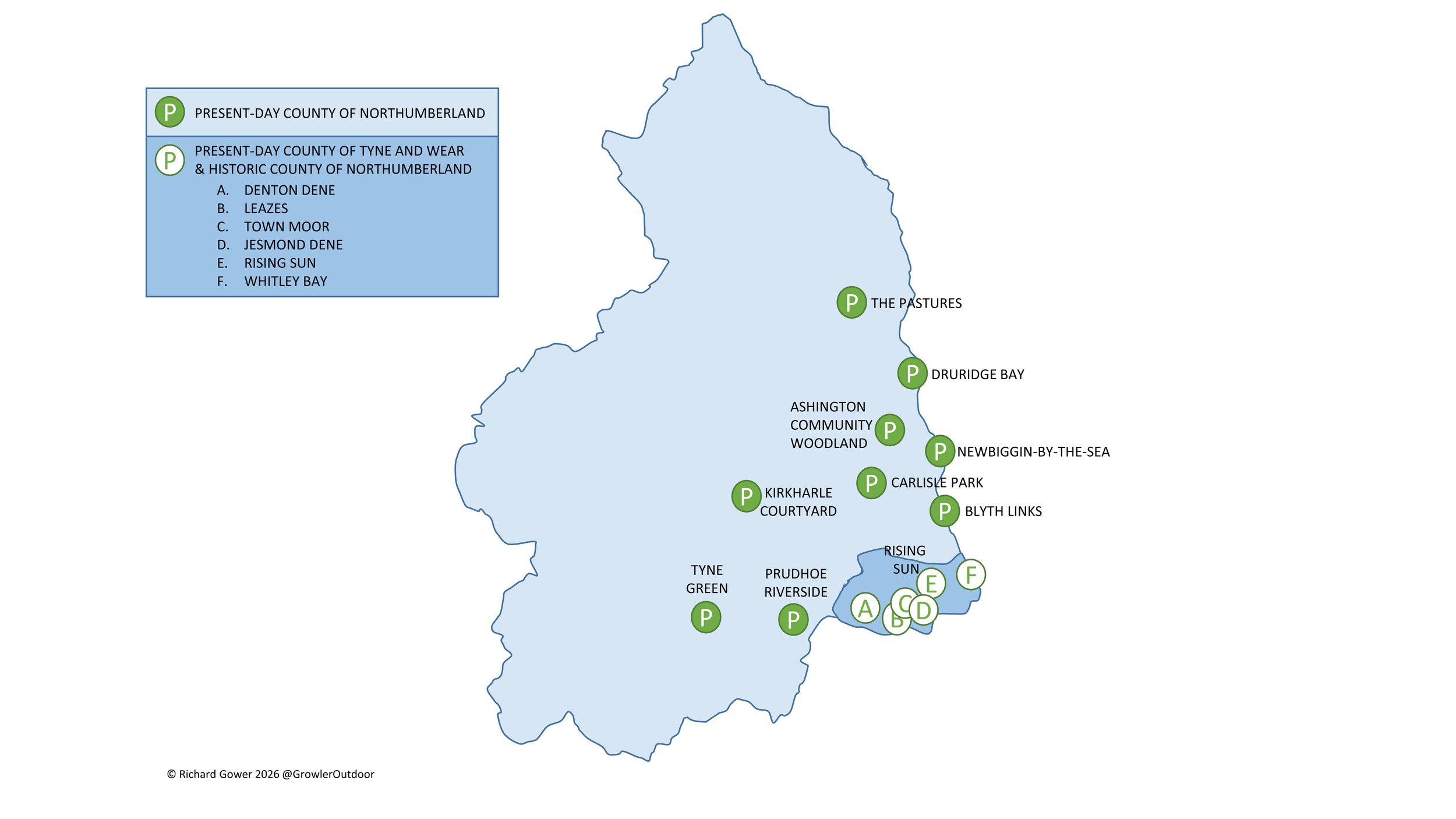 A map of all parkrun events in the county of Northumberland