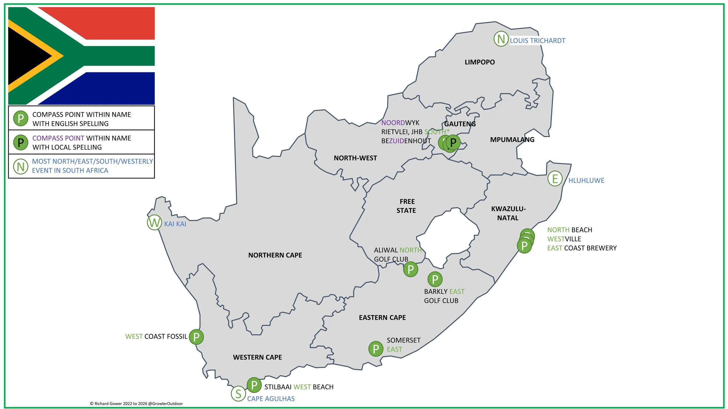 A map showing the most northerly, easterly, southerly and westerly parkrun events in South Africa. Also shows parkrun events with Compass directions in their names.