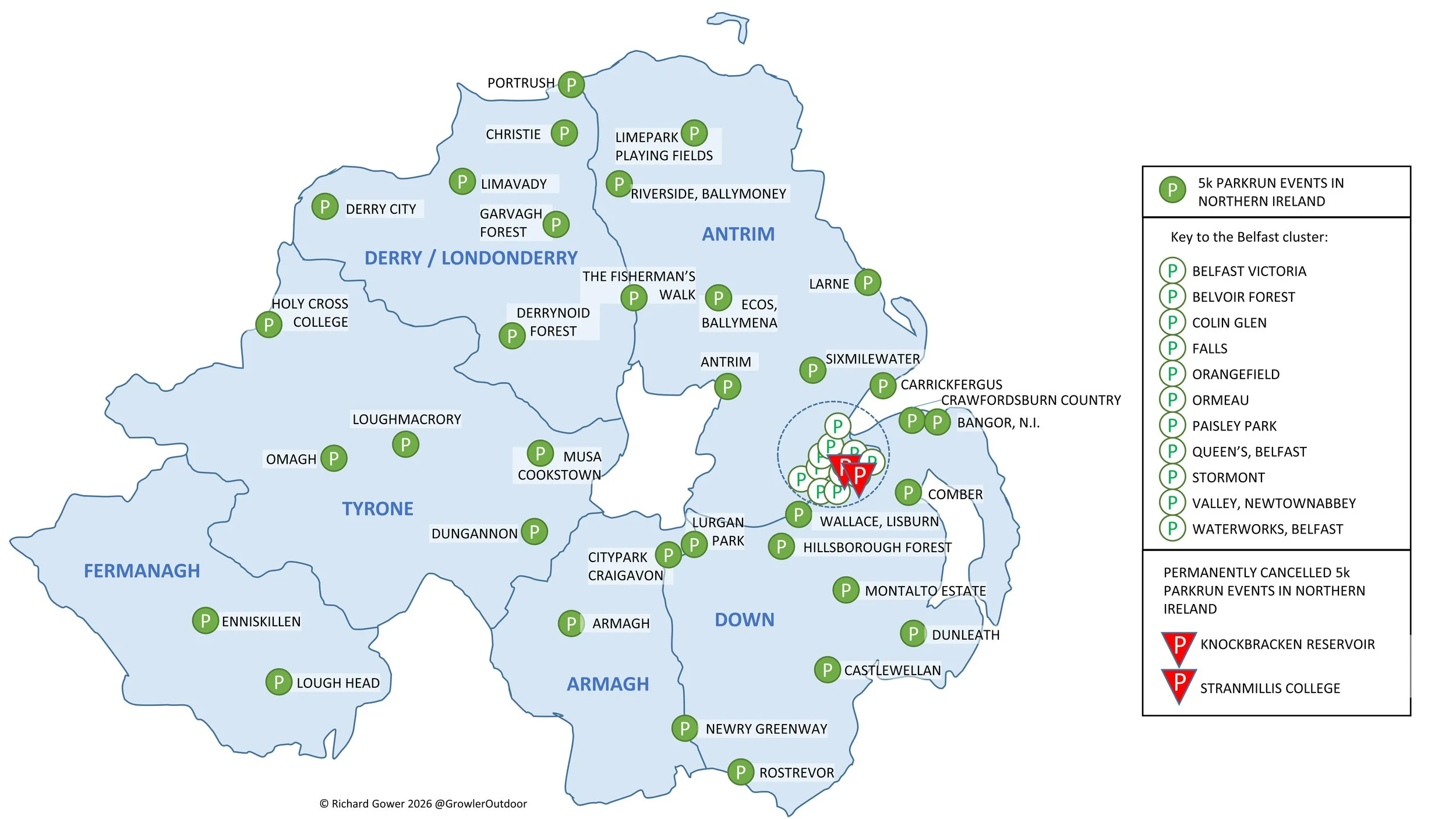A map of all of the parkrun events in Northern Ireland