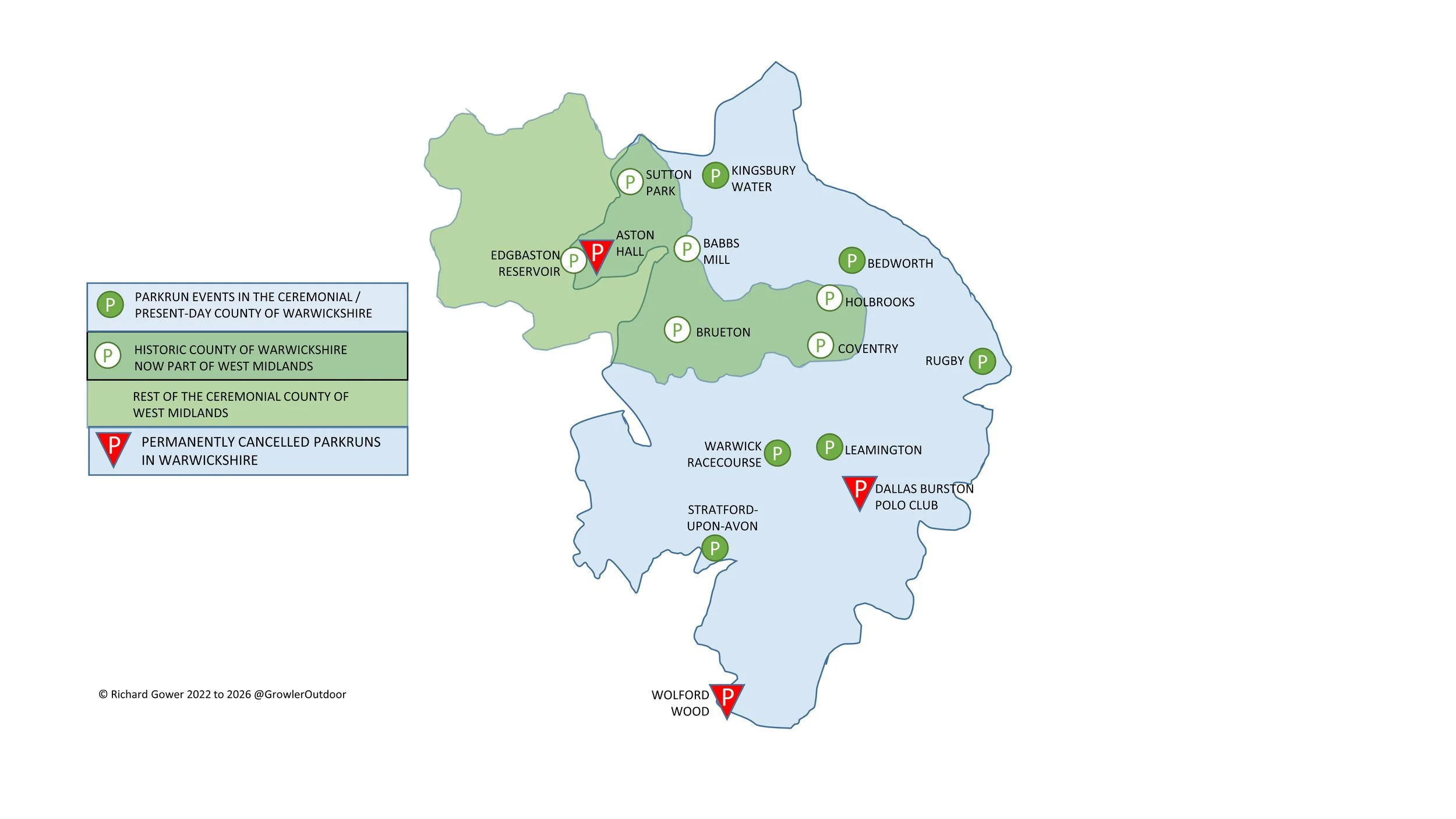 a map of all of the parkrun events in Warwickshire
