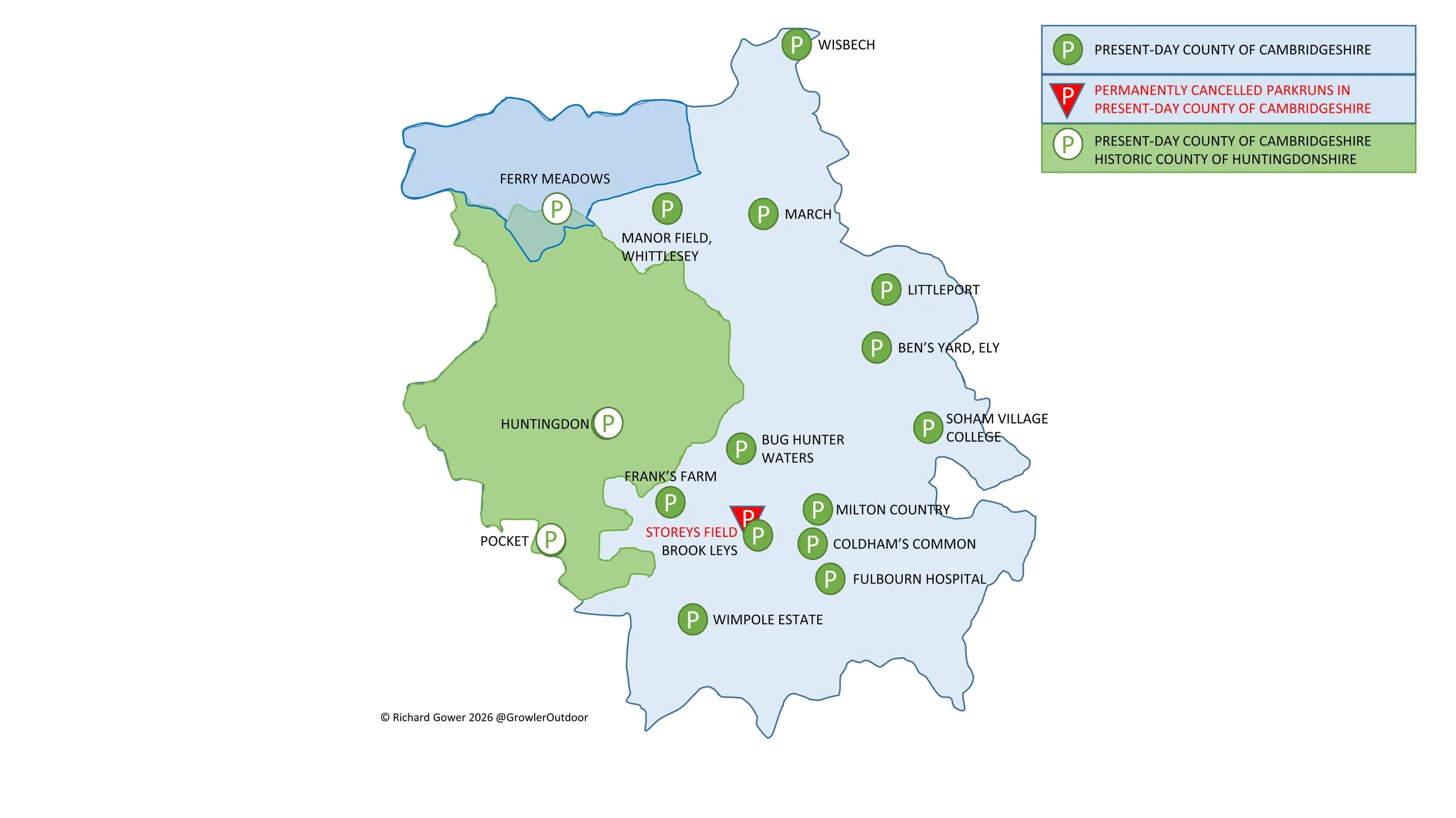 A map of all parkrun events on the county of Cambridgeshire