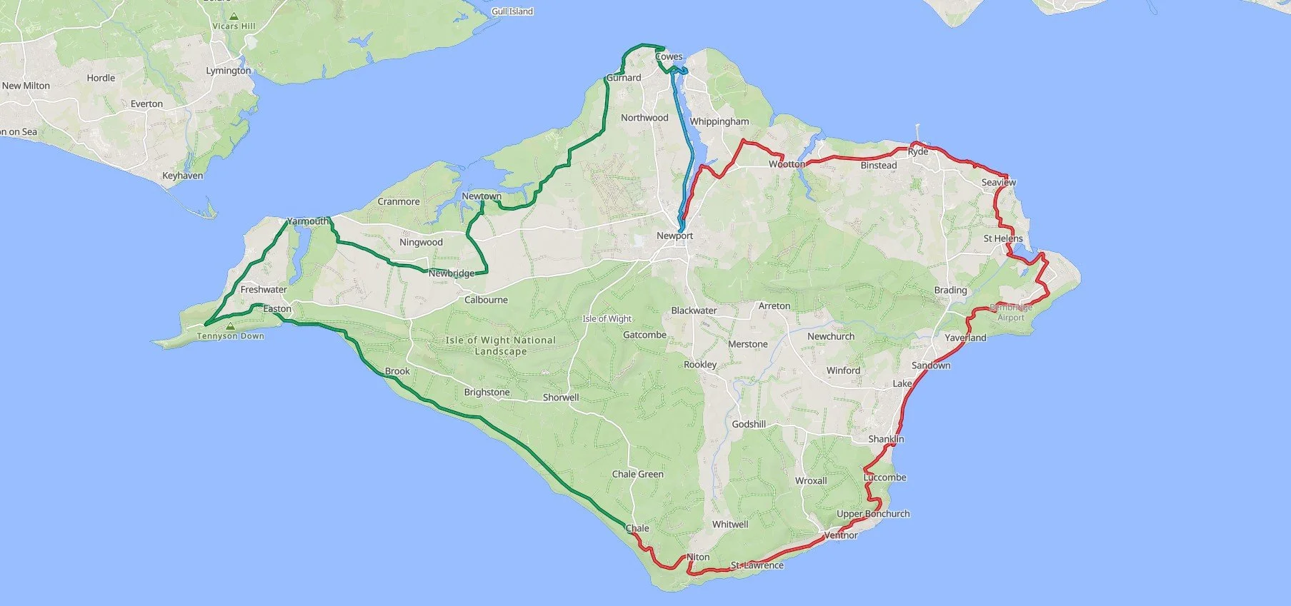 A map showing a 3 day coastal cycle circuit of the Isle of Wight