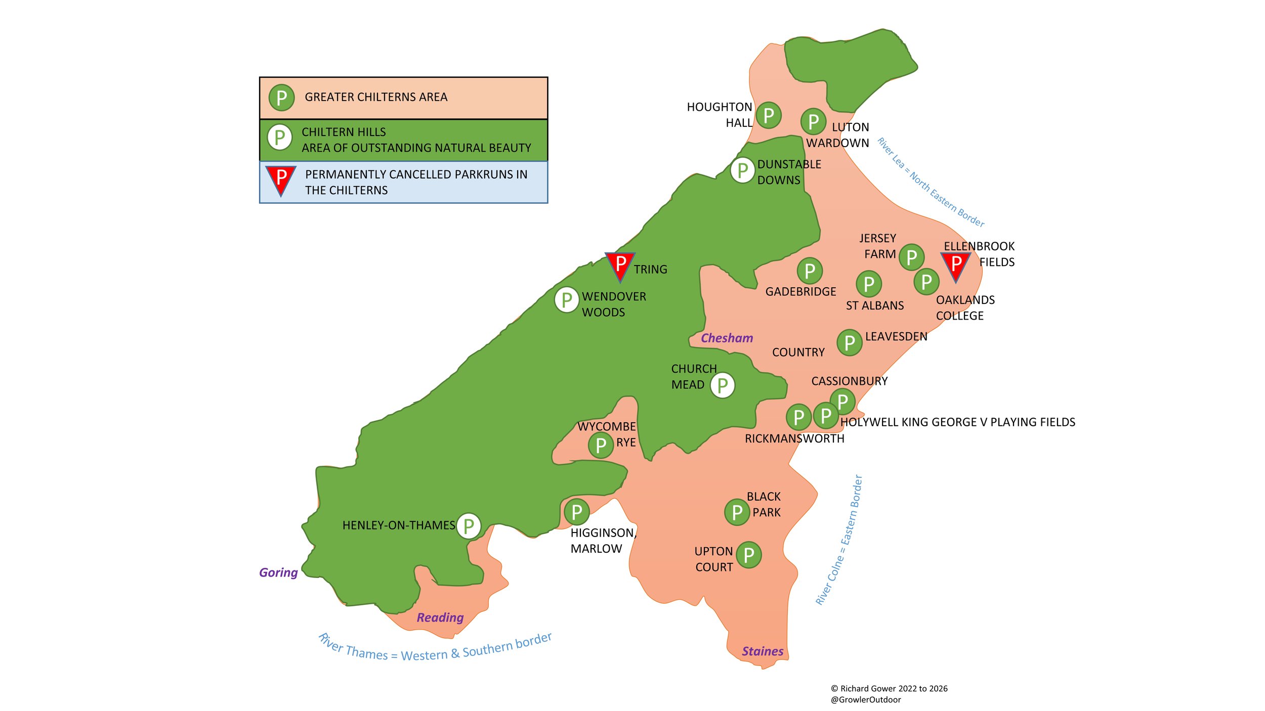 A map of all of the parkrun events in the Chilterns National Landscape and Greater Chilterns Area