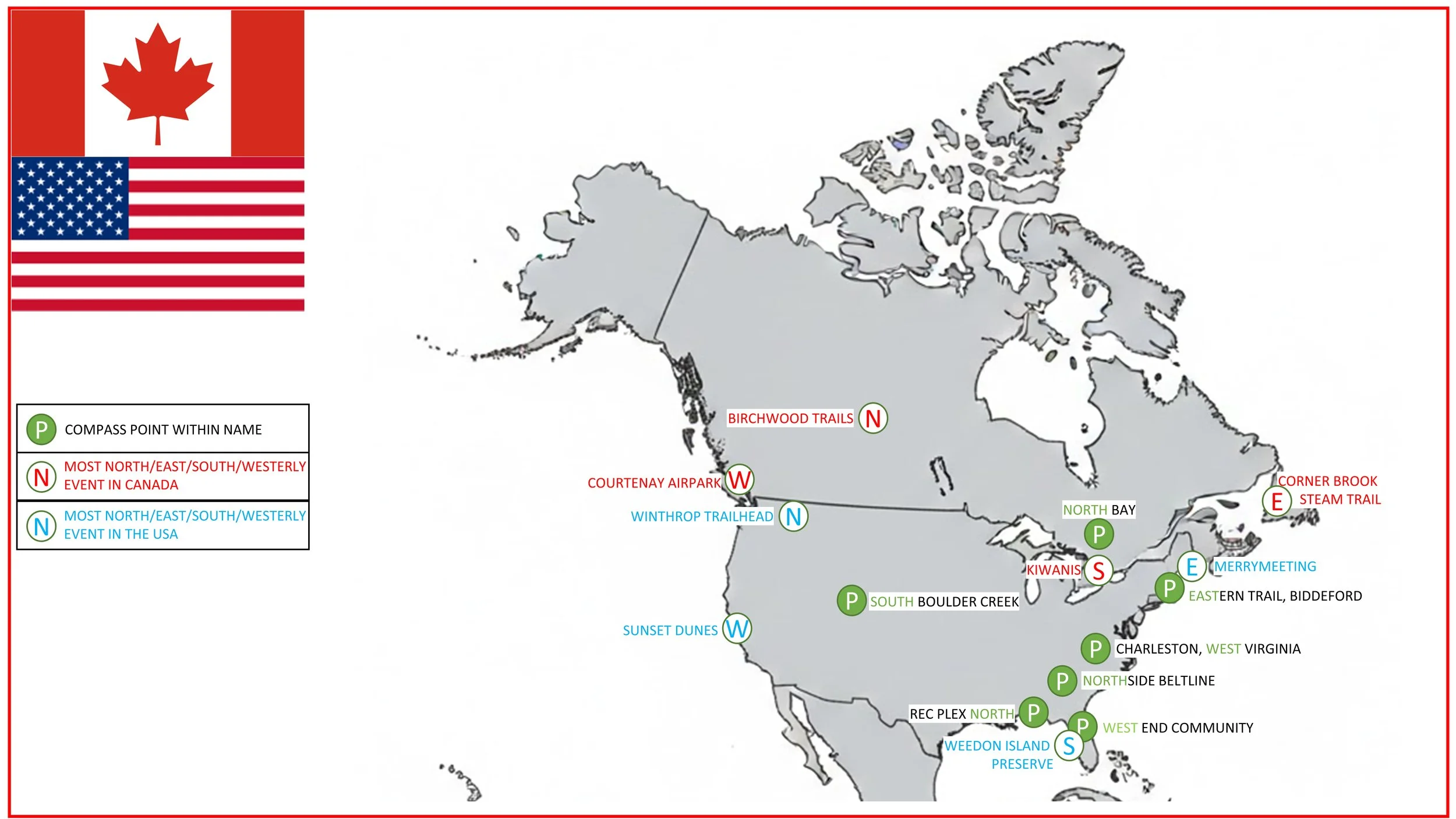 A map showing the most northerly, easterly, southerly and westerly parkrun events in Canada and the USA. Also shows parkrun events with Compass directions in their names.