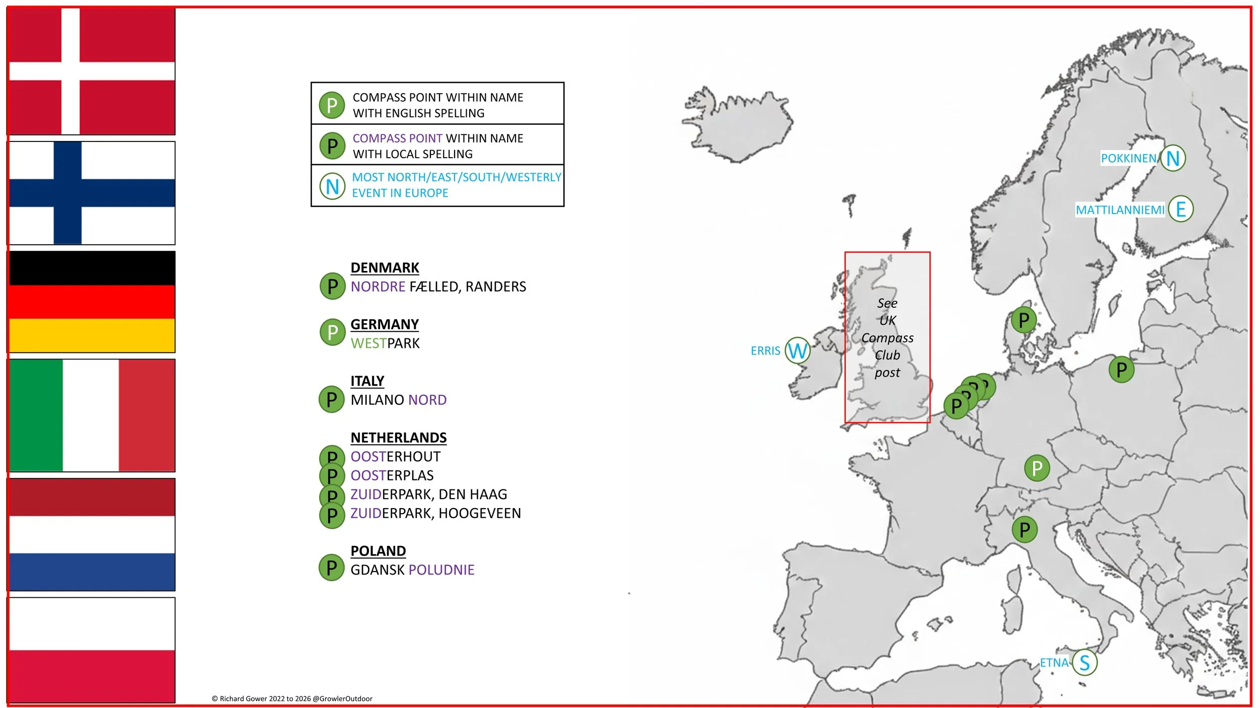 A map showing the most northerly, easterly, southerly and westerly parkrun events in Europe. Also shows parkrun events with Compass directions in their names.