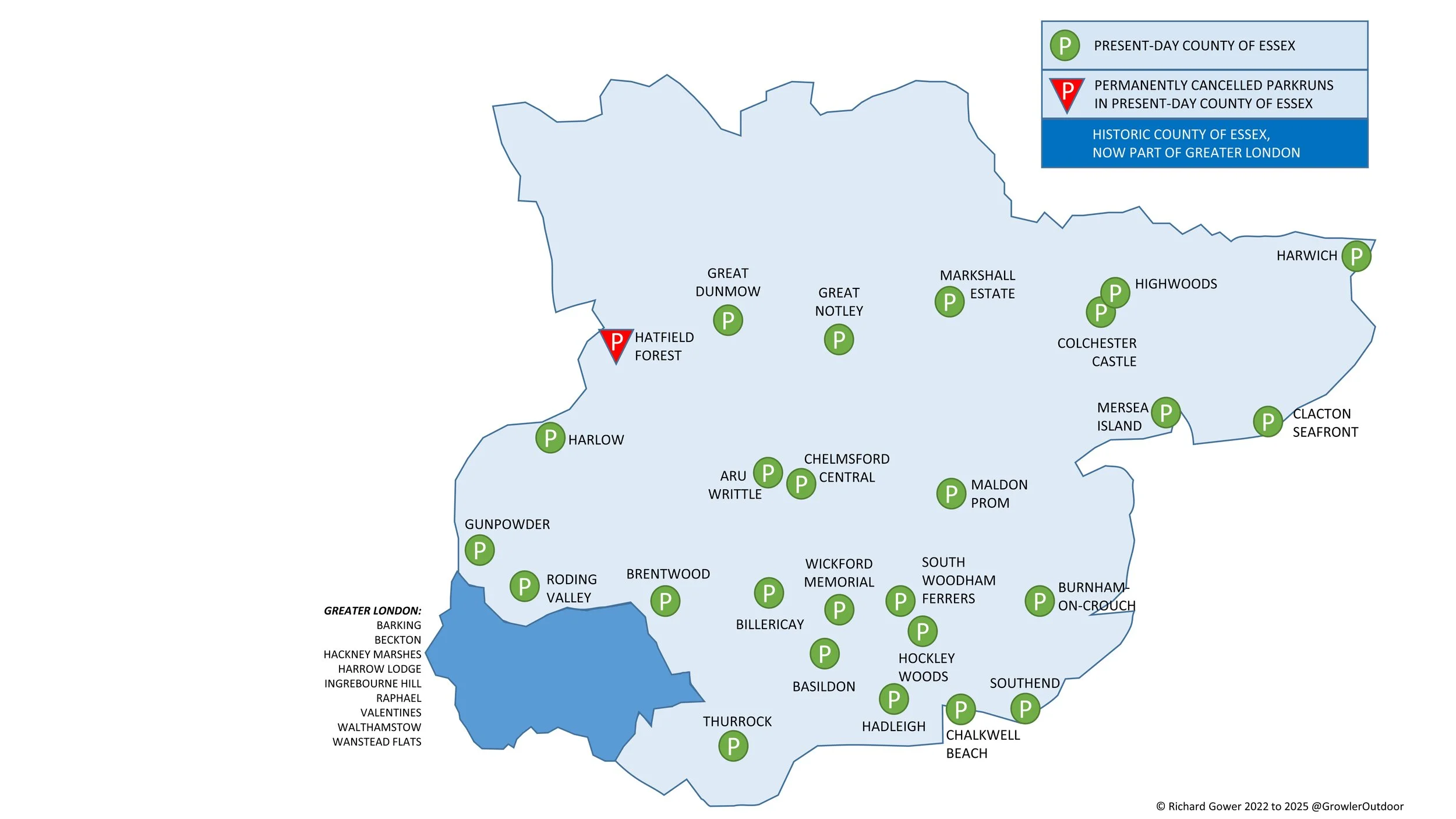 A map showing all of the parkrun events in Essex