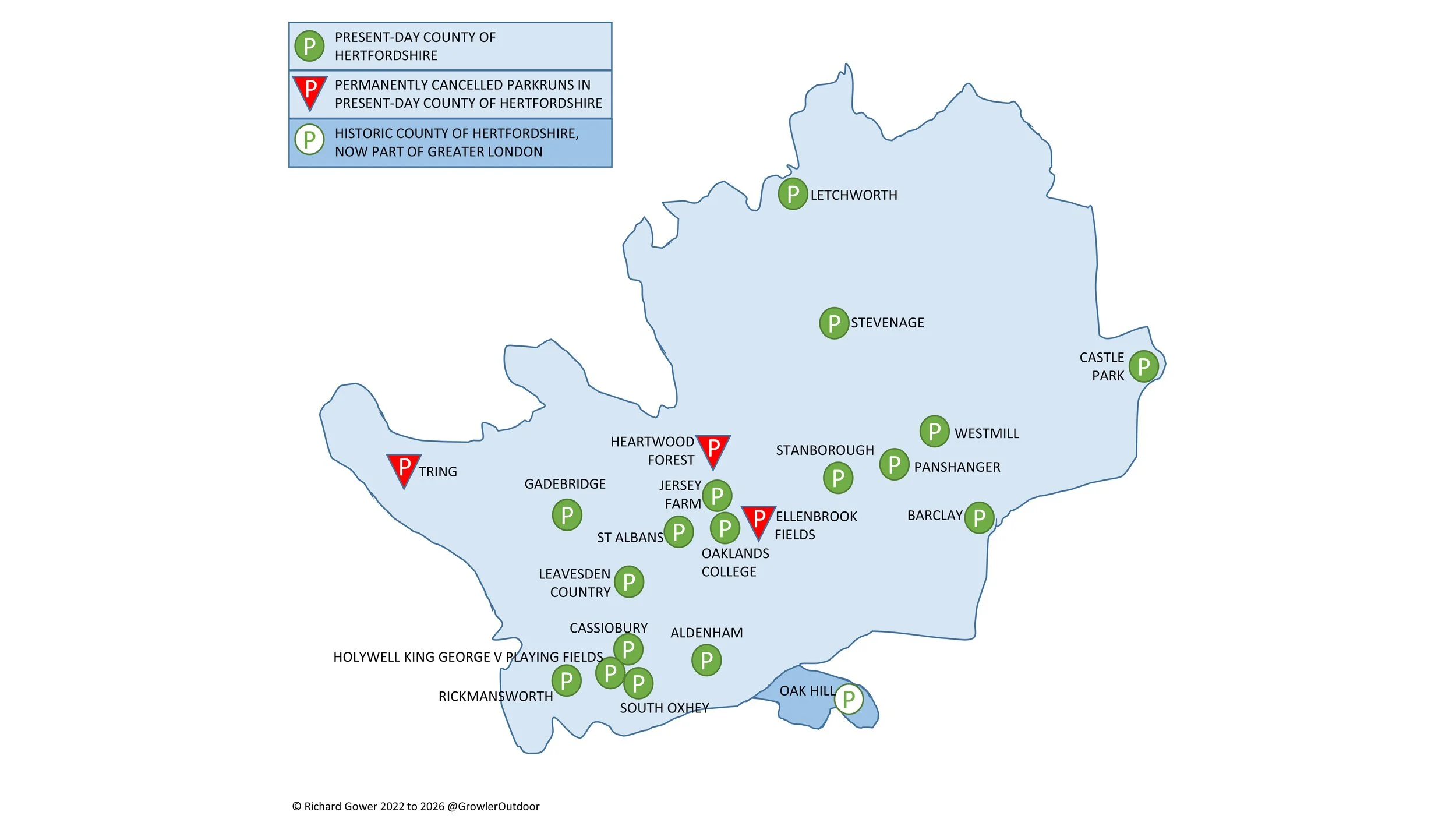 A map of all of the parkruns in the county of Hertfordshire