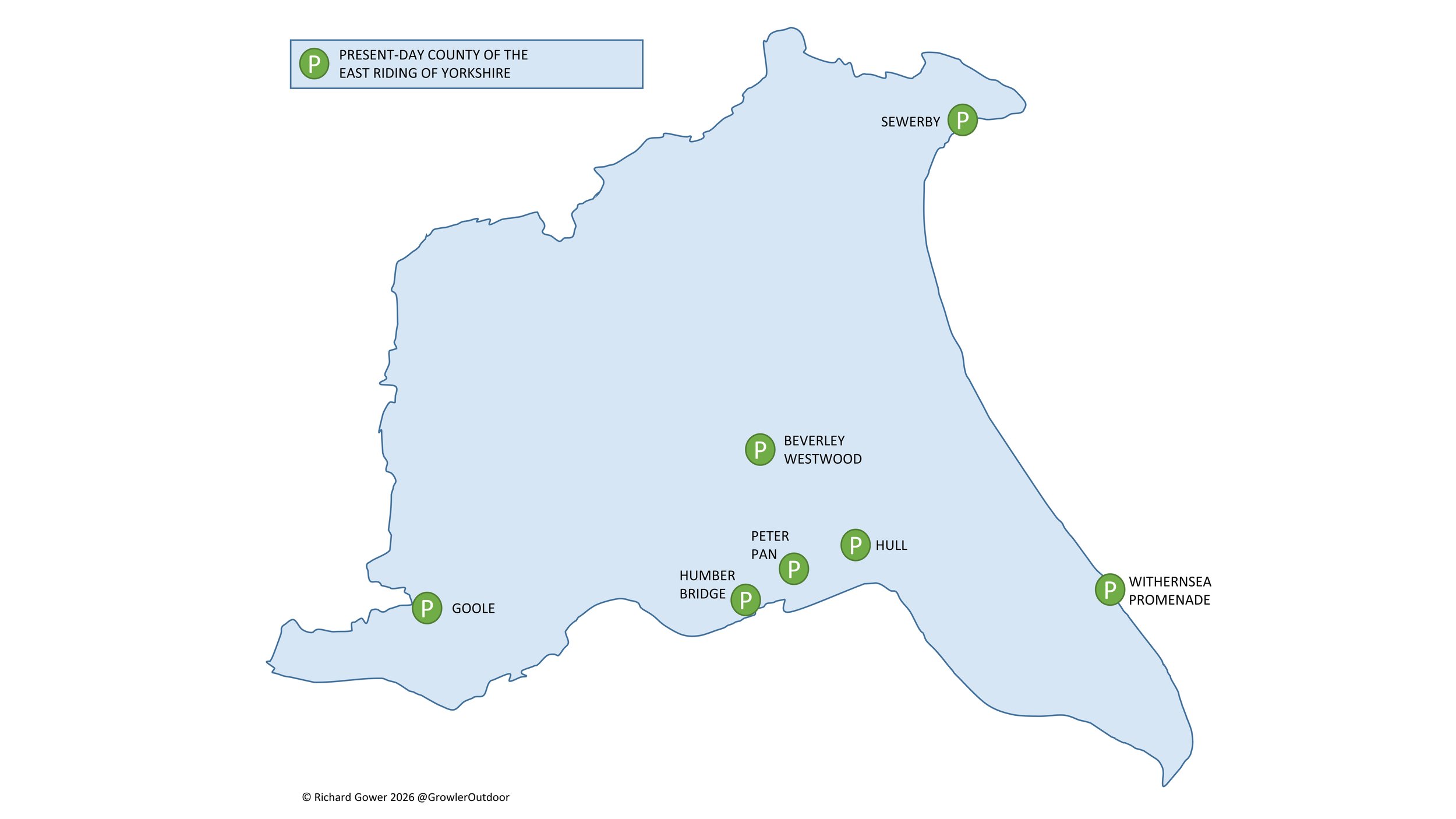 A map of all parkrun events in the county of East Riding of Yorkshire