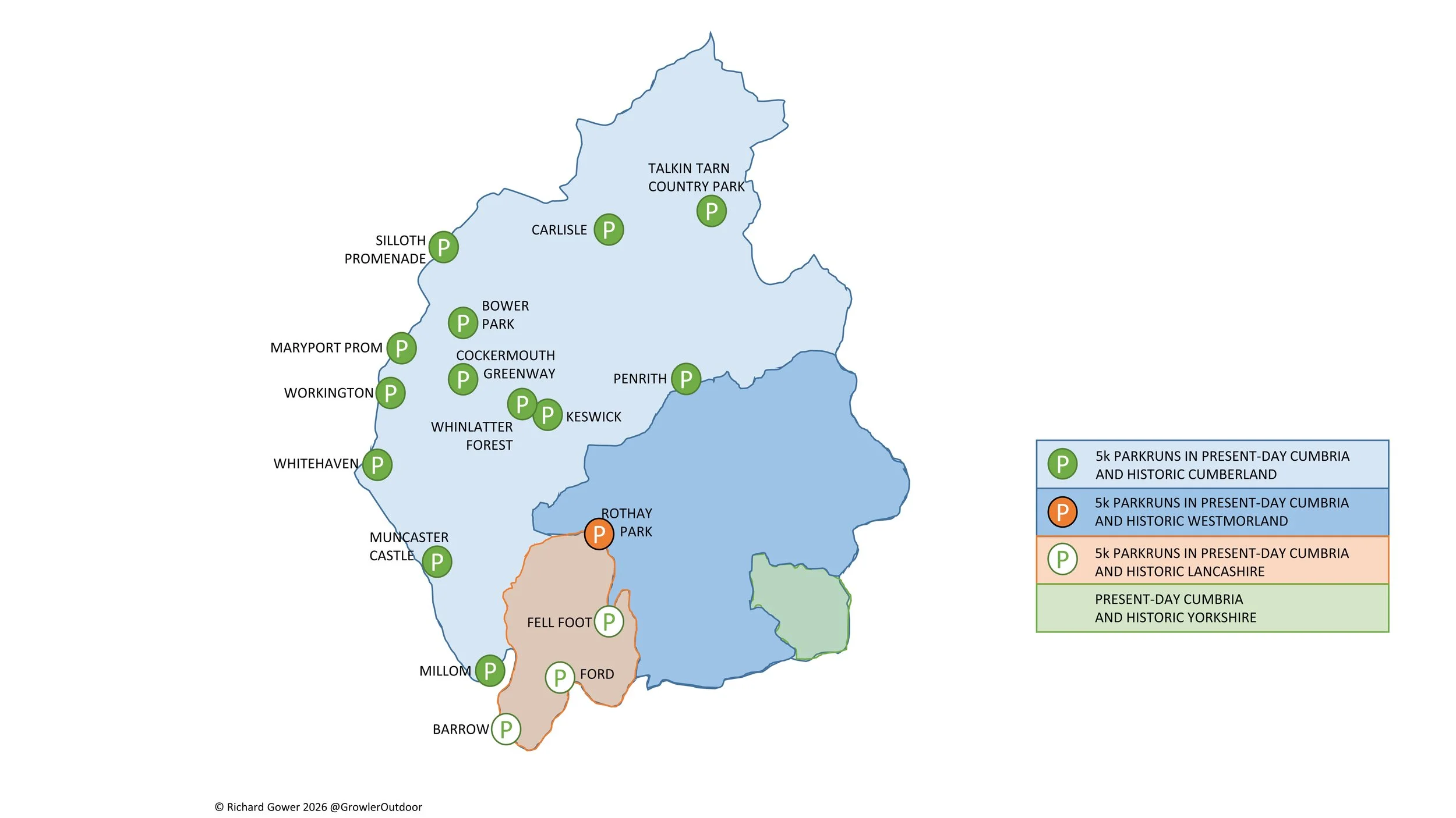 A map of all parkrun events in the county of Cumbria