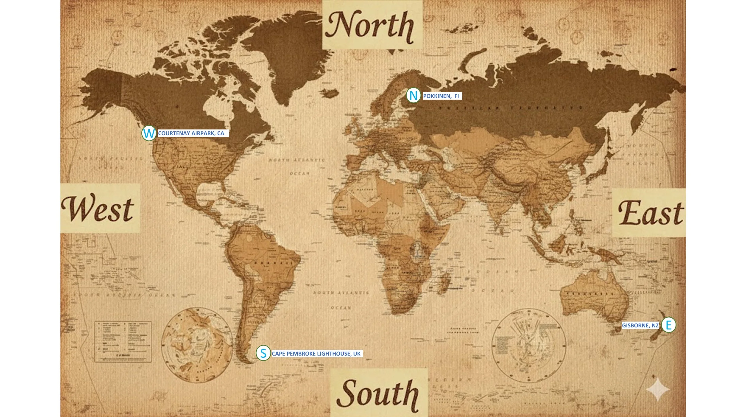 Antique style map showing the most Northerly, Southerly, Easterly and Westerly parkrun events in the world