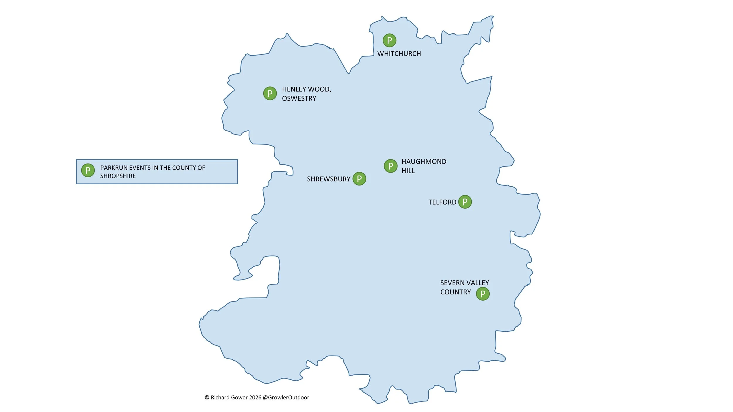 A map of all parkrun events in the county of Shropshire