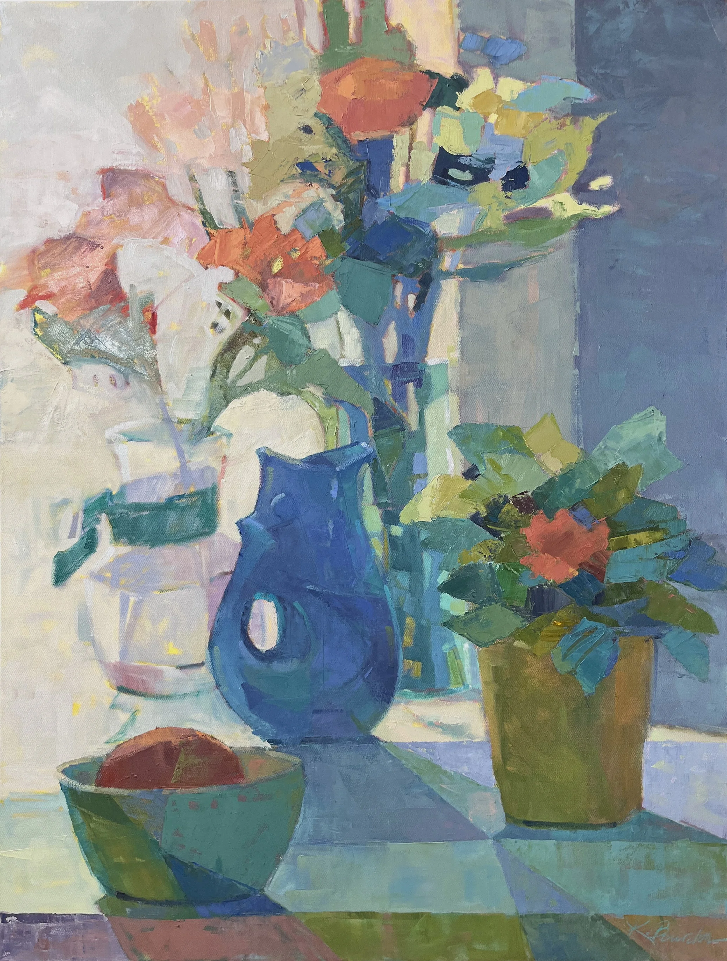 Flowers at Window with Gurgle Vase and Bowl 
