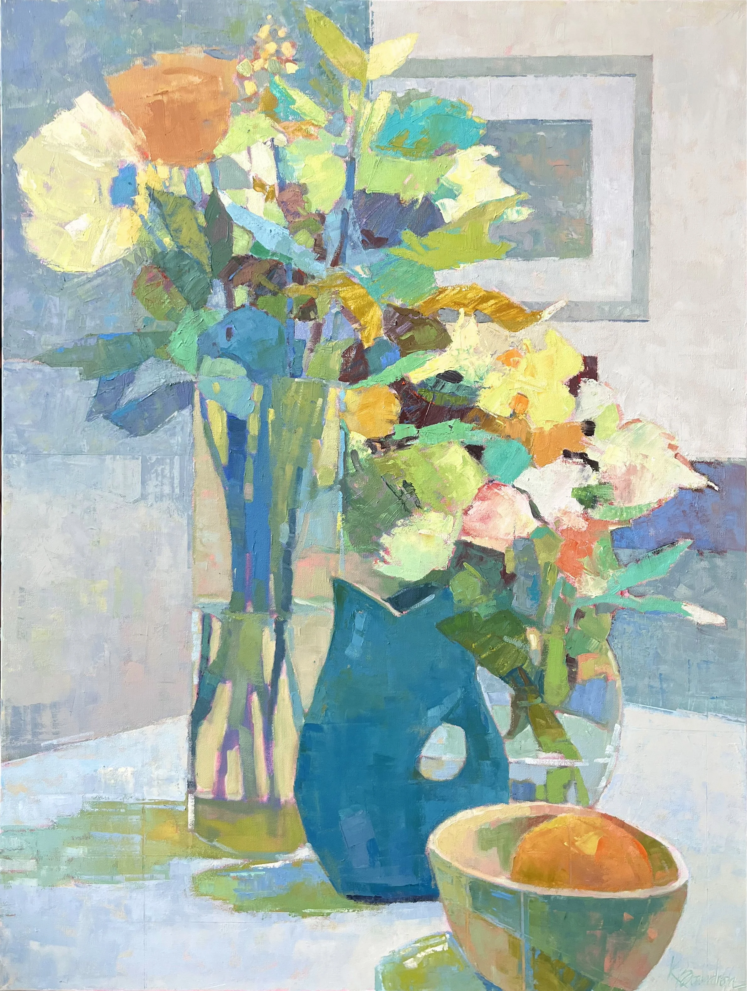 Flowers with Teal Gurgle Vase, Bowl and Painting 