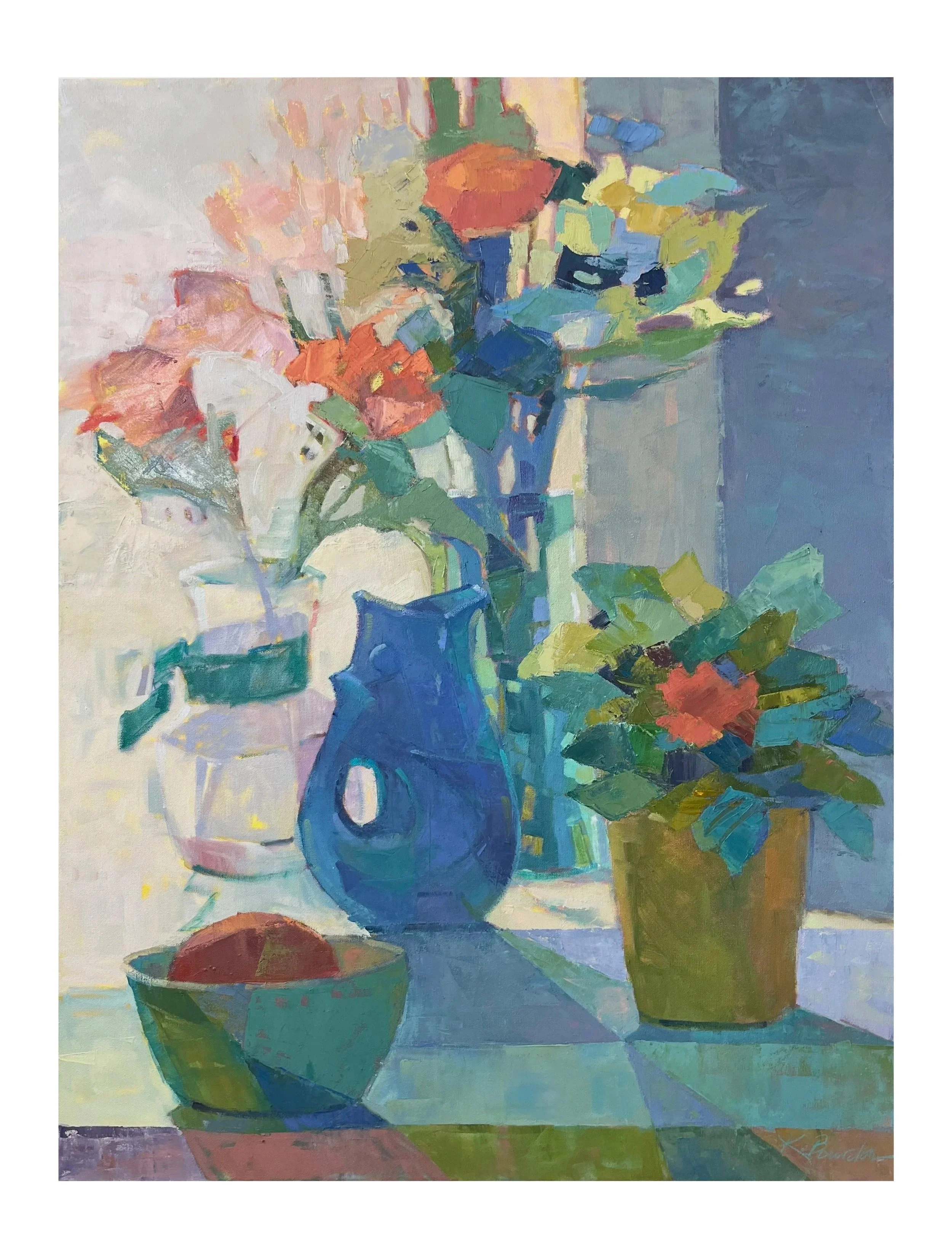 Flowers at Window with Gurgle Vase and Bowl  - SOLD