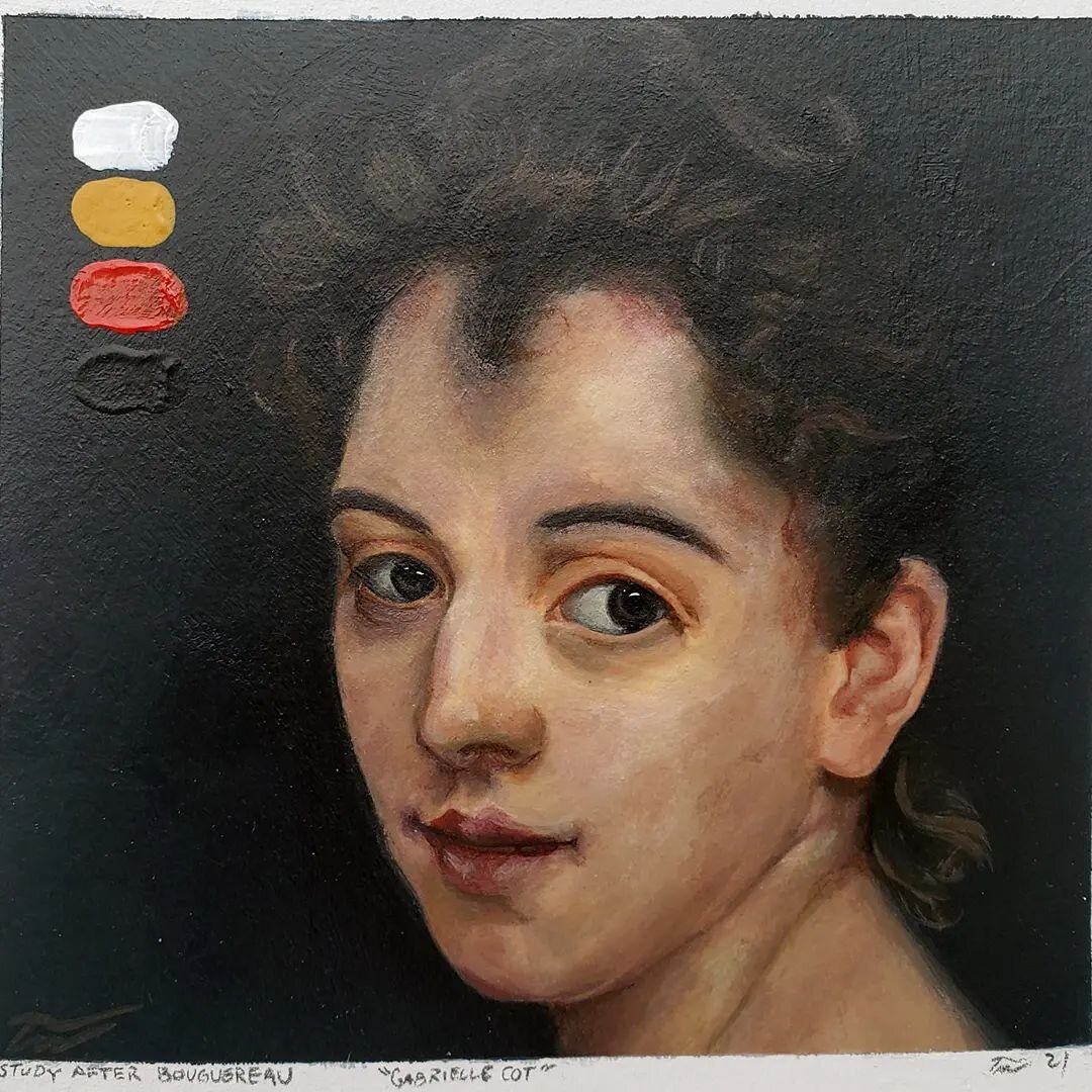 Copy of &quot;Gabrielle Cot&quot; by Bouguereau. 5&quot; x 5&quot;, acrylic on paper. 
.
Zorn palette 
.
.
.

#art #drawing #painting #acrylic #acrylicpainting #workinprogress #quarantinedrawings #colortheory #zornpalette #quarantineprojects  #bougue