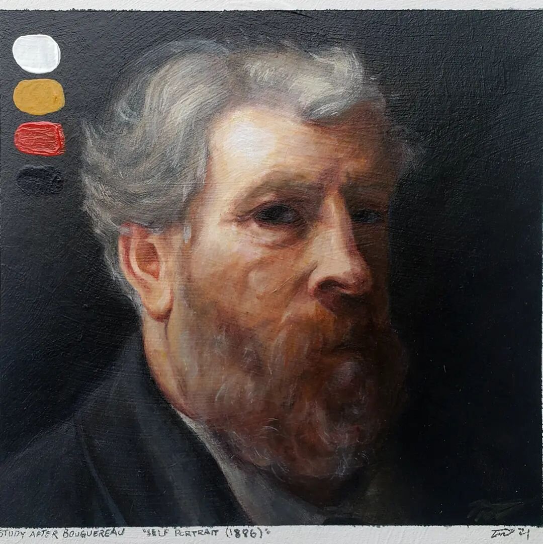 Copy of self-portrait by Bouguereau. 5&quot; x 5&quot;, acrylic on paper.  Last one of these for a while.
.
Zorn palette 
.
.
.

#art #drawing #painting #acrylic #acrylicpainting #workinprogress #quarantinedrawings #colortheory #zornpalette #quaranti