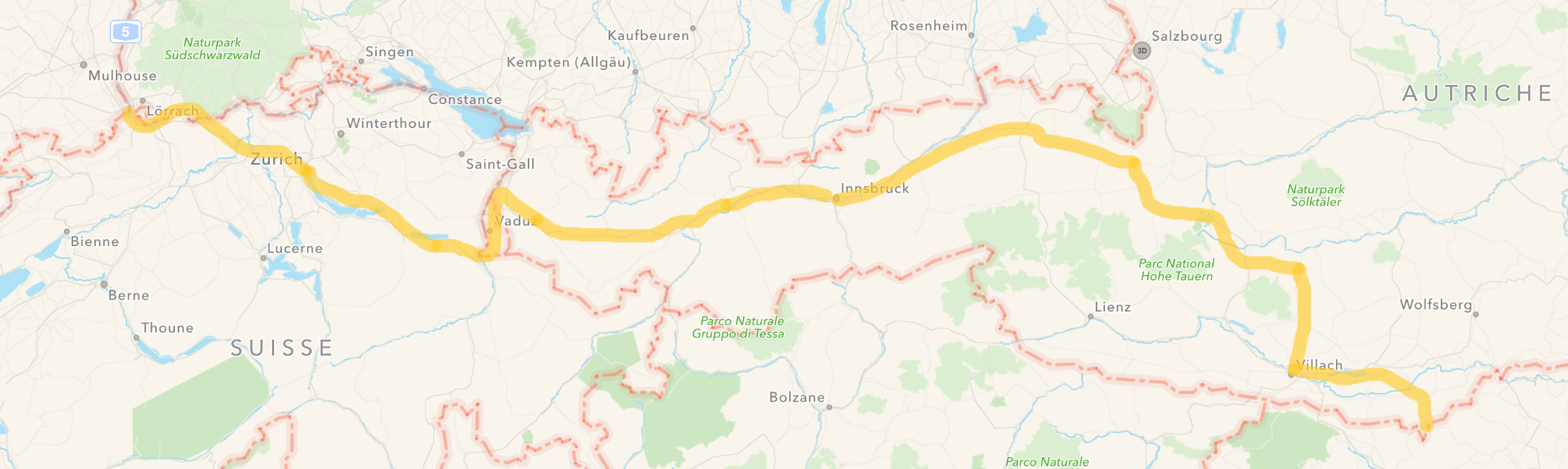 Chemin parcouru, par tous les moyens de transport, en Suisse, au Liechtenstein et en Autriche.
